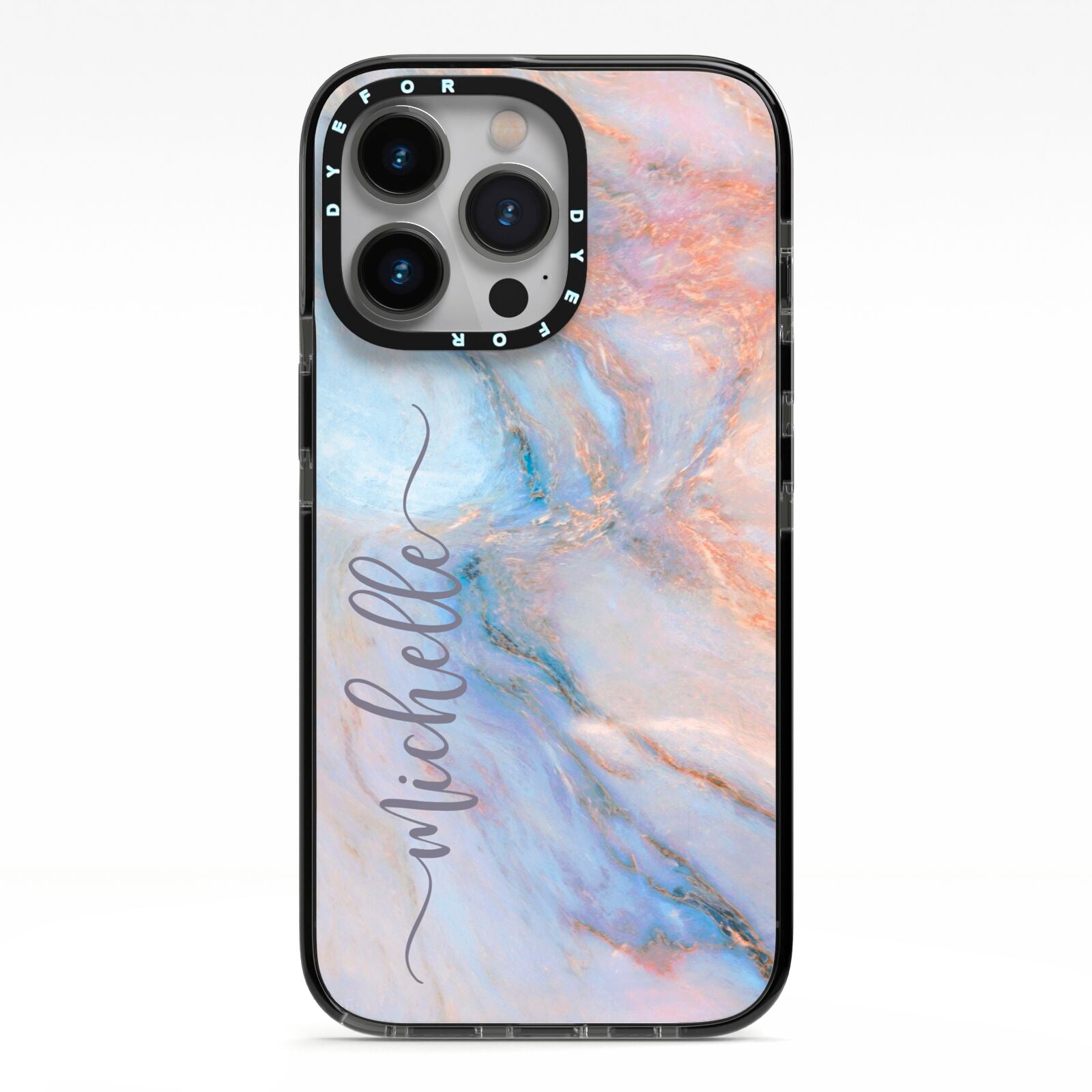 Pale Blue And Pink Marble iPhone 13 Pro Black Impact Case on Silver phone