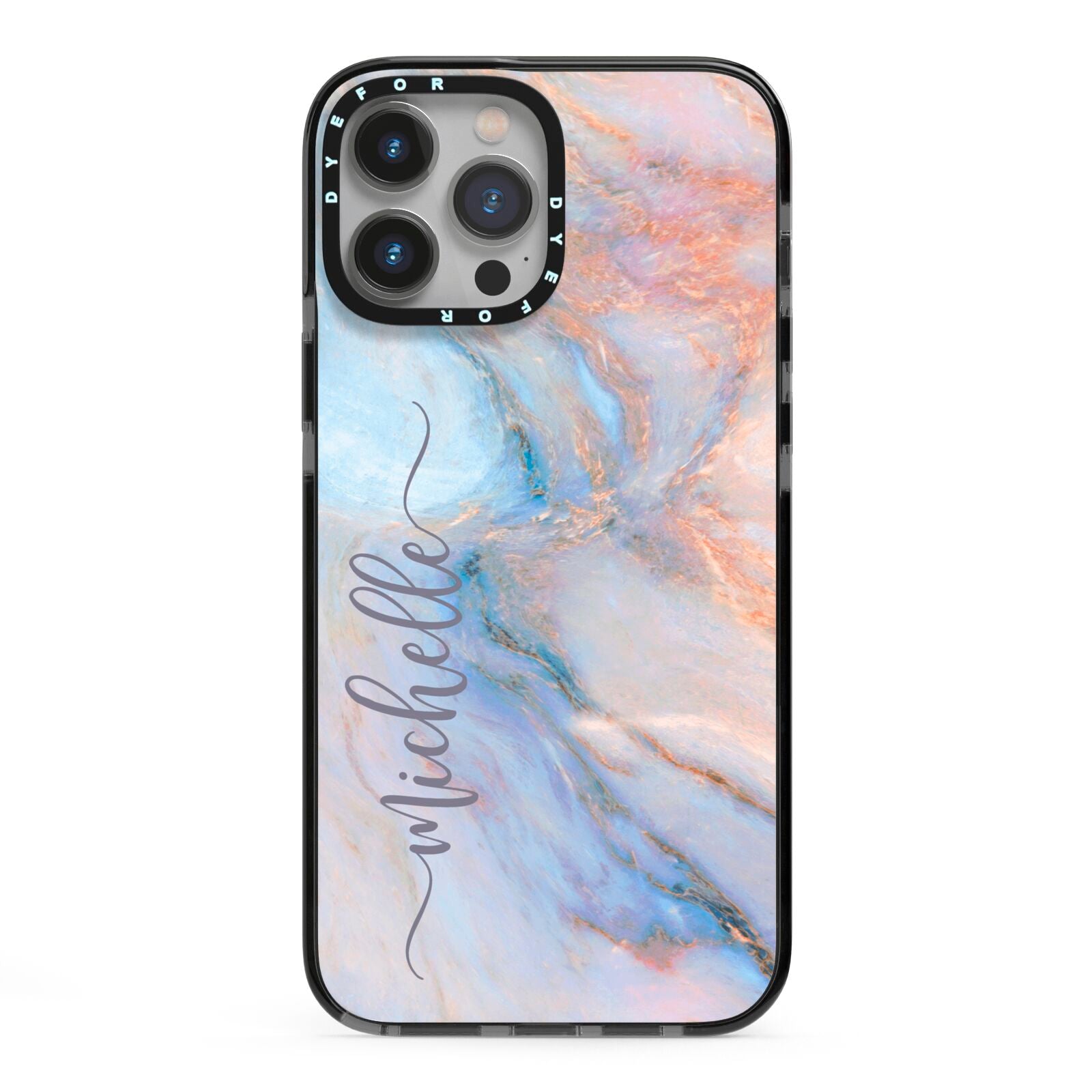 Pale Blue And Pink Marble iPhone 13 Pro Max Black Impact Case on Silver phone