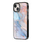 Pale Blue And Pink Marble iPhone 14 Black Impact Case Side Angle on Silver phone