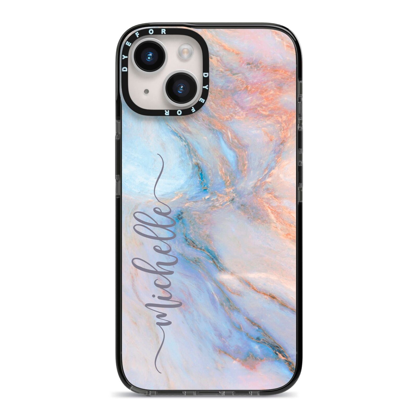 Pale Blue And Pink Marble iPhone 14 Black Impact Case on Silver phone