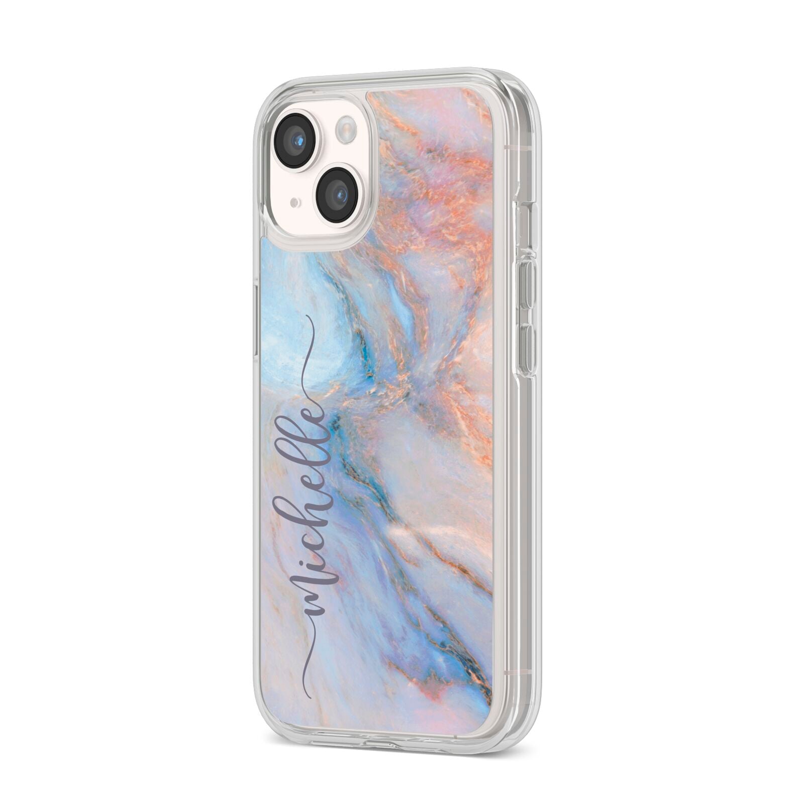 Pale Blue And Pink Marble iPhone 14 Clear Tough Case Starlight Angled Image
