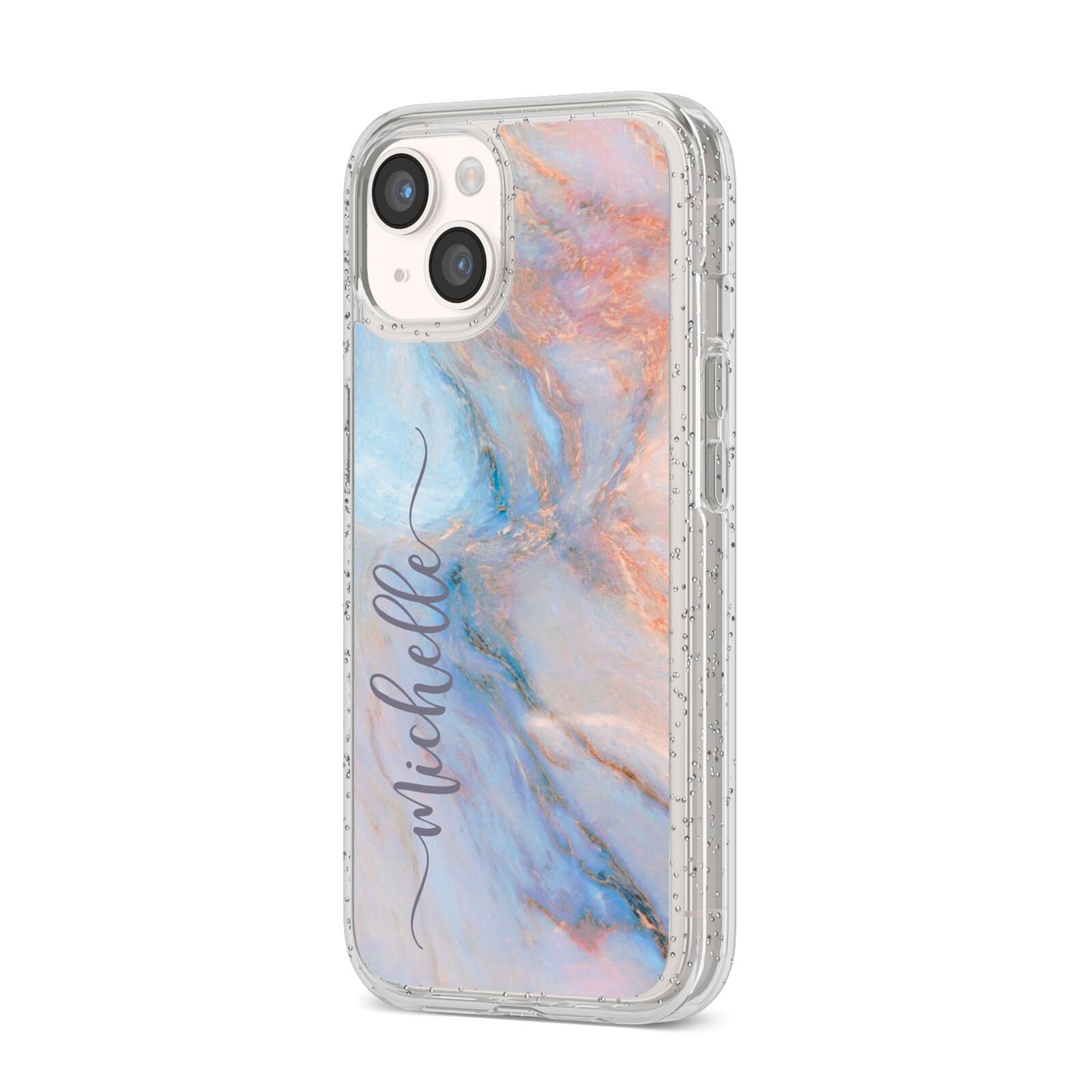 Pale Blue And Pink Marble iPhone 14 Glitter Tough Case Starlight Angled Image