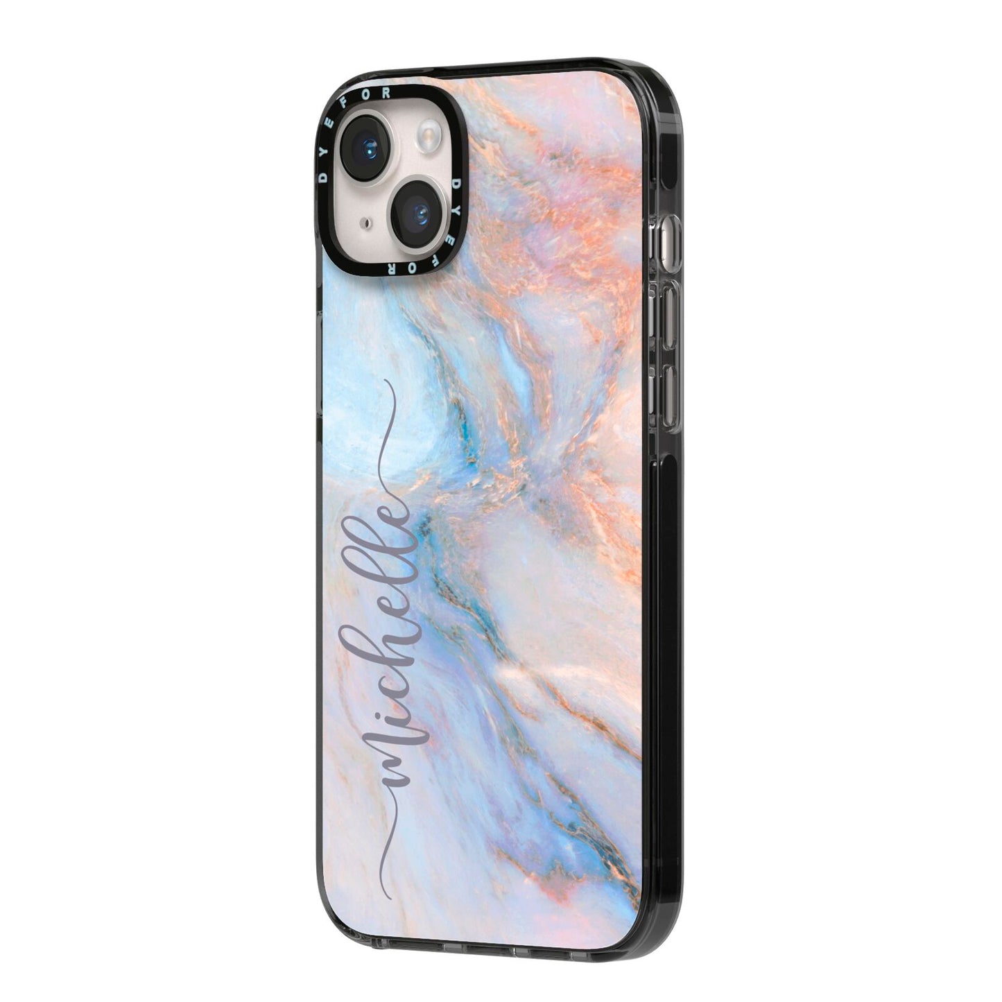 Pale Blue And Pink Marble iPhone 14 Plus Black Impact Case Side Angle on Silver phone