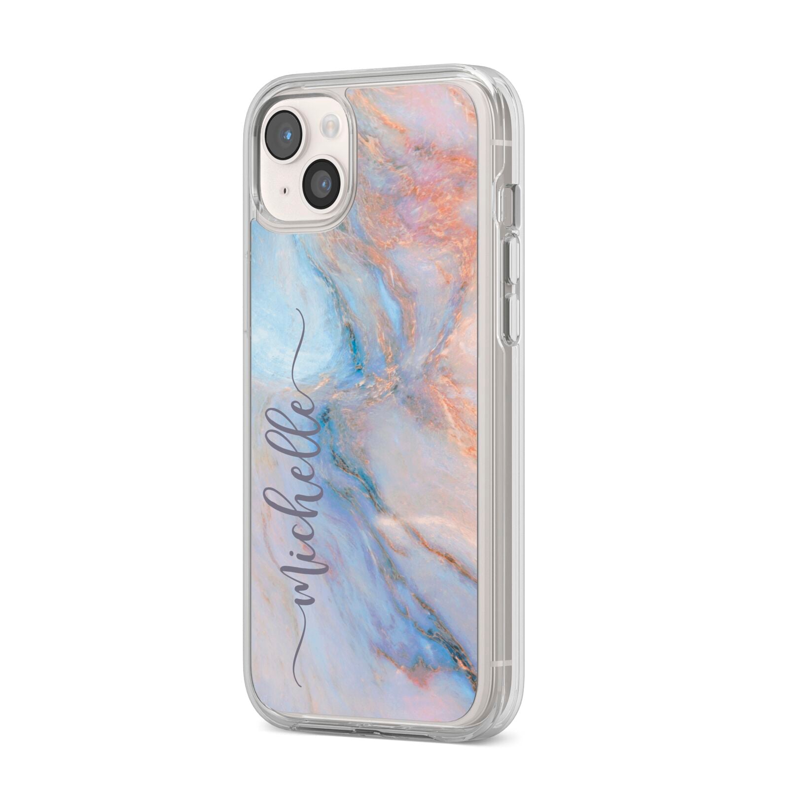 Pale Blue And Pink Marble iPhone 14 Plus Clear Tough Case Starlight Angled Image