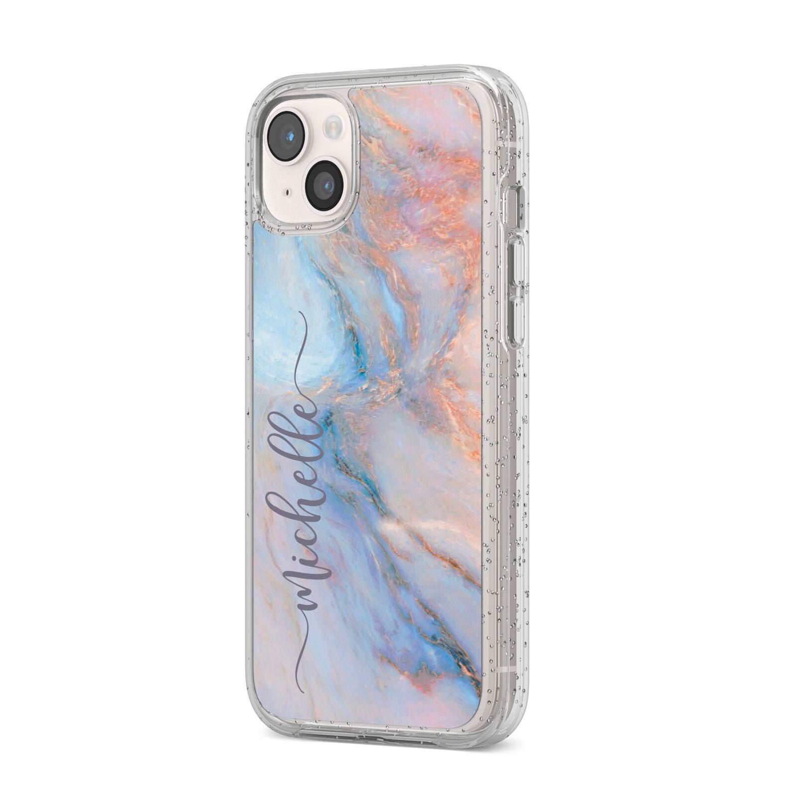 Pale Blue And Pink Marble iPhone 14 Plus Glitter Tough Case Starlight Angled Image