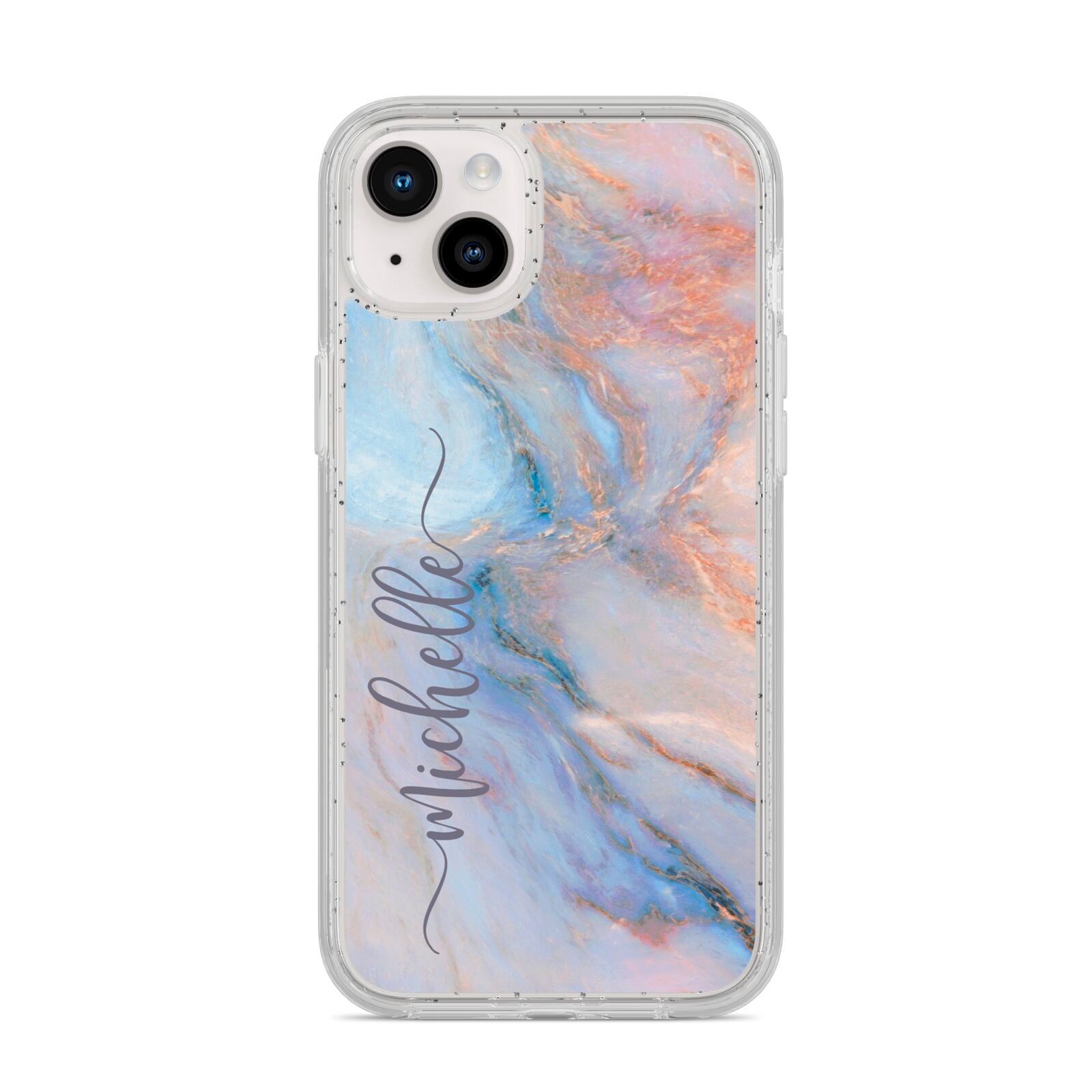 Pale Blue And Pink Marble iPhone 14 Plus Glitter Tough Case Starlight