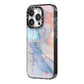 Pale Blue And Pink Marble iPhone 14 Pro Black Impact Case Side Angle on Silver phone