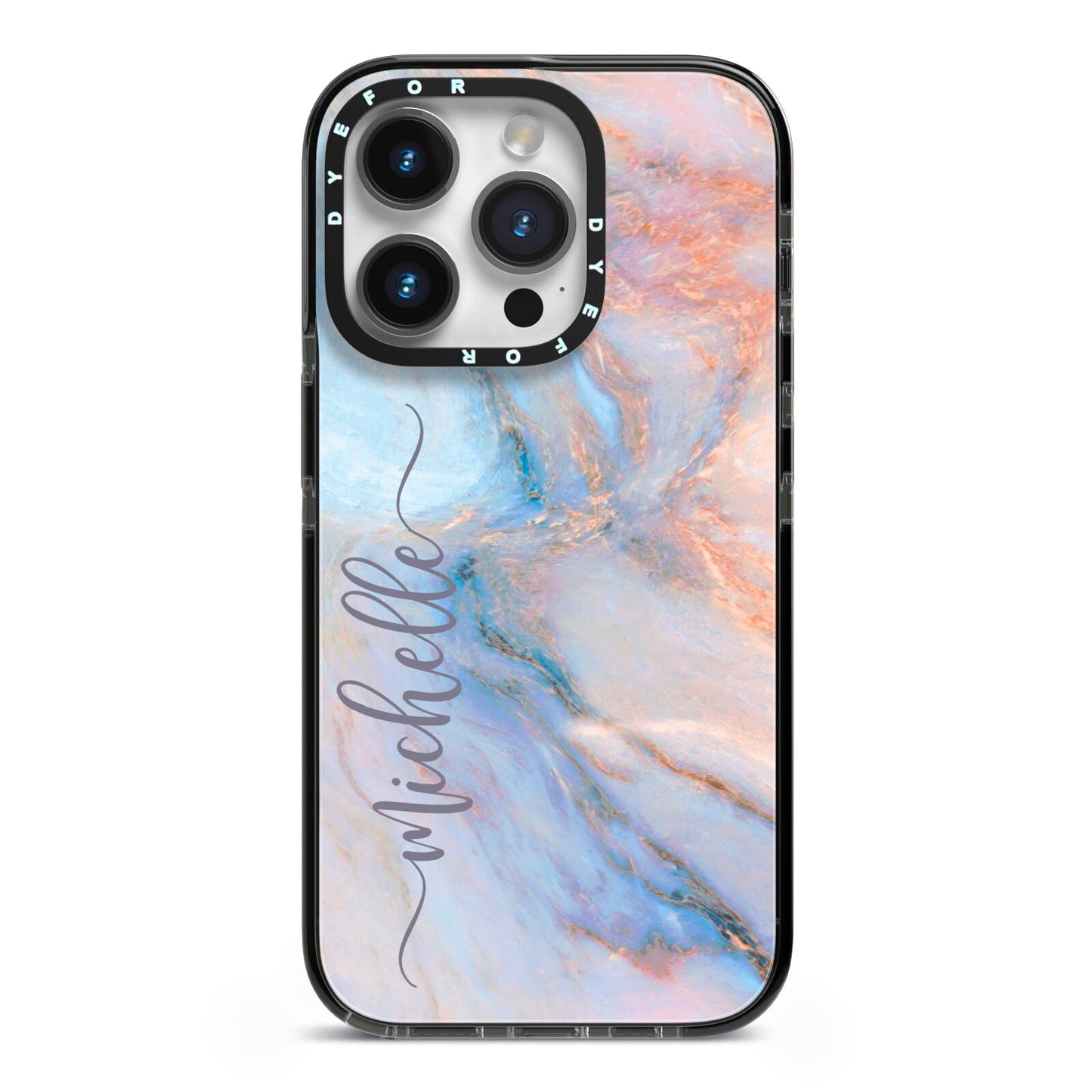 Pale Blue And Pink Marble iPhone 14 Pro Black Impact Case on Silver phone