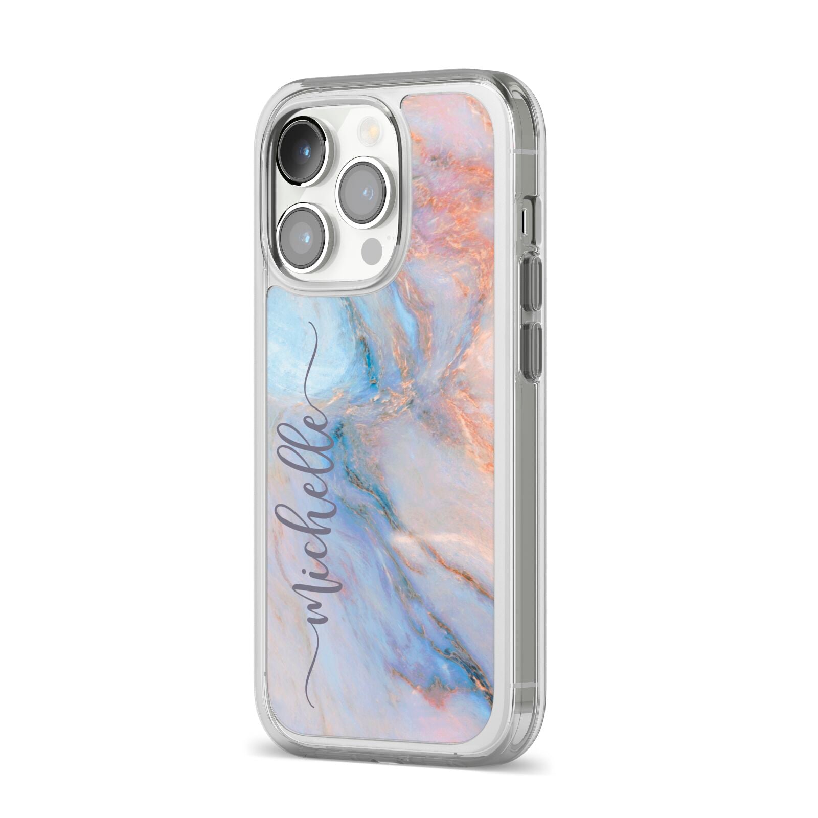 Pale Blue And Pink Marble iPhone 14 Pro Clear Tough Case Silver Angled Image