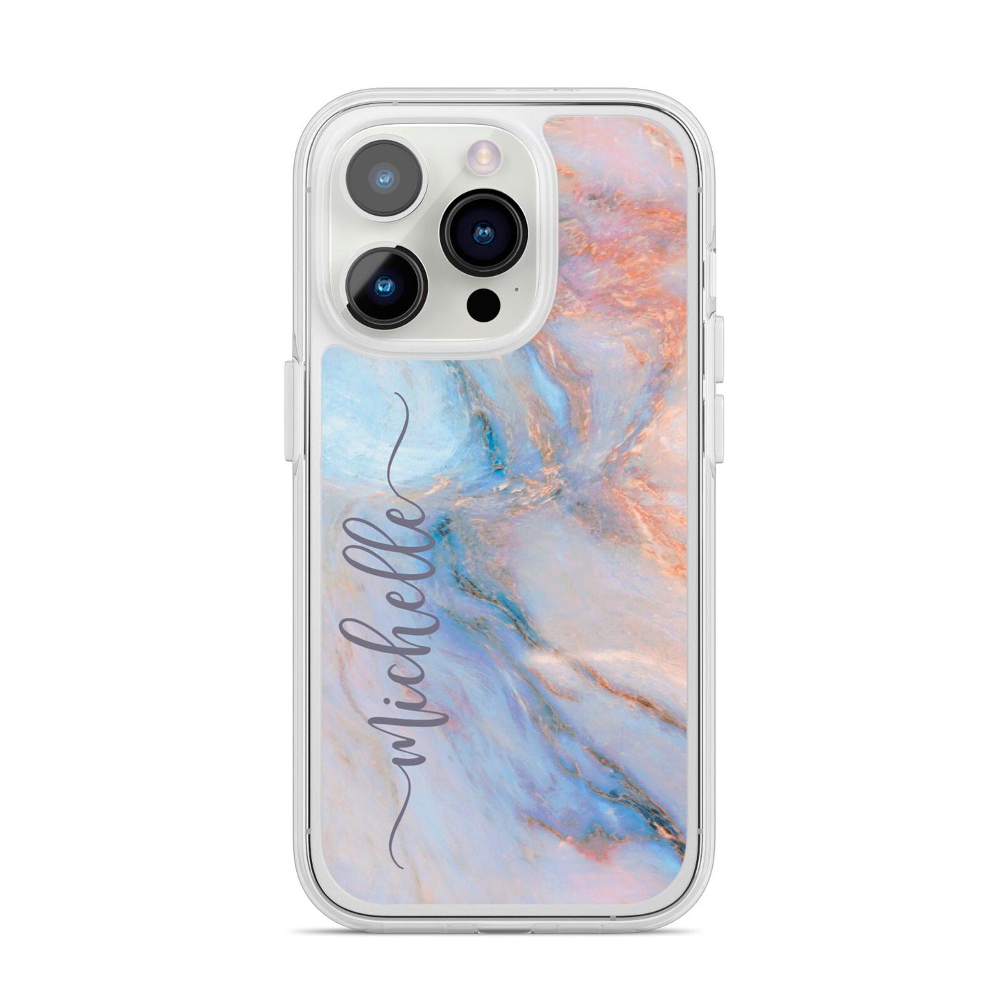 Pale Blue And Pink Marble iPhone 14 Pro Clear Tough Case Silver