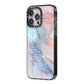 Pale Blue And Pink Marble iPhone 14 Pro Max Black Impact Case Side Angle on Silver phone
