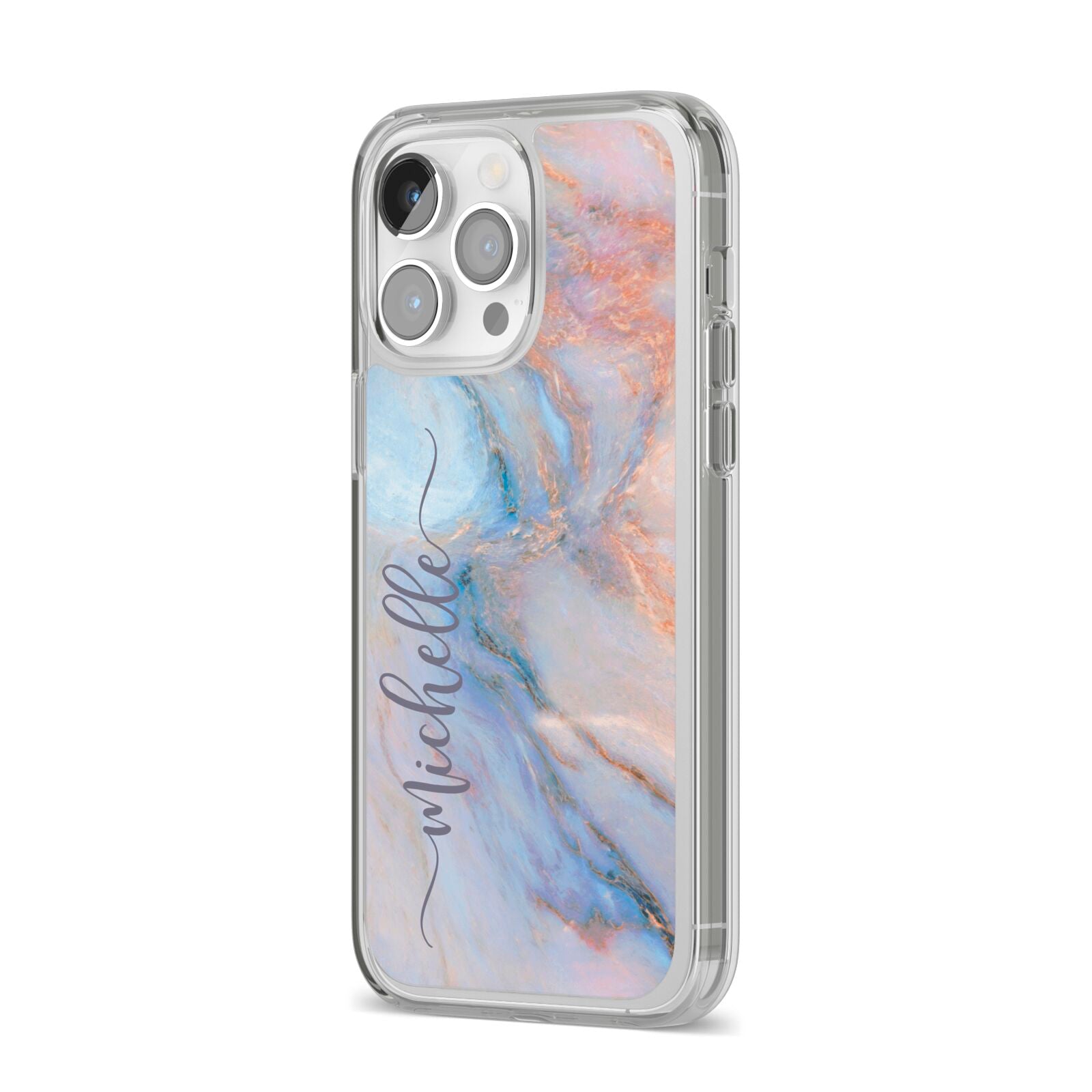 Pale Blue And Pink Marble iPhone 14 Pro Max Clear Tough Case Silver Angled Image
