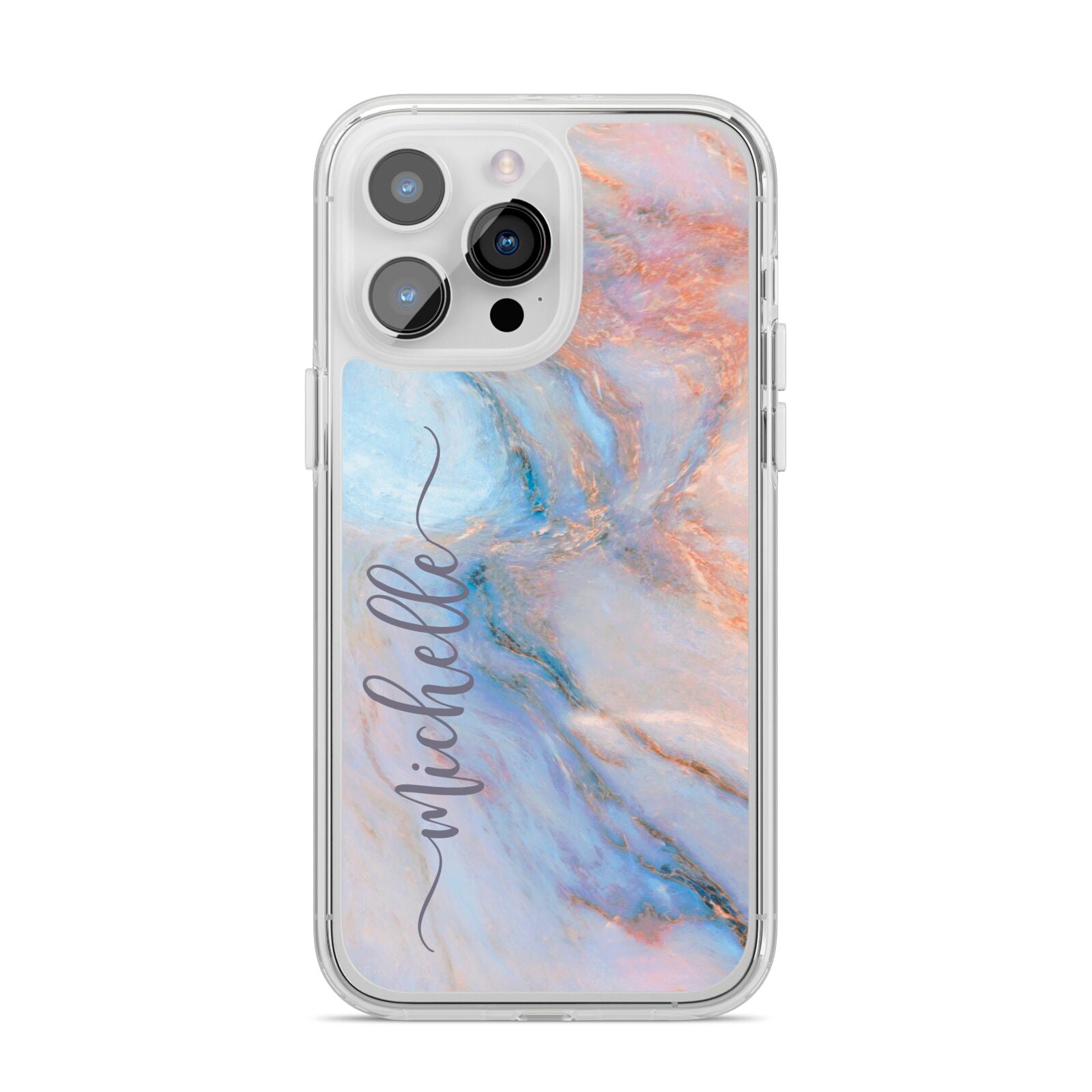 Pale Blue And Pink Marble iPhone 14 Pro Max Clear Tough Case Silver
