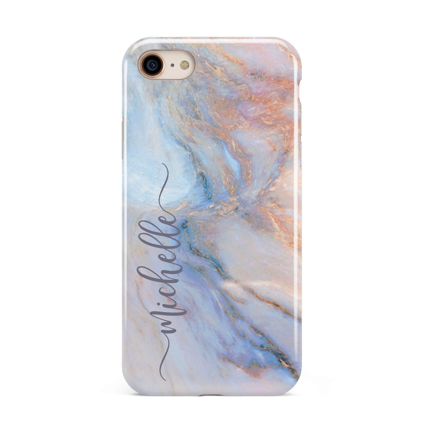 Pale Blue And Pink Marble iPhone 8 3D Tough Case on Gold Phone