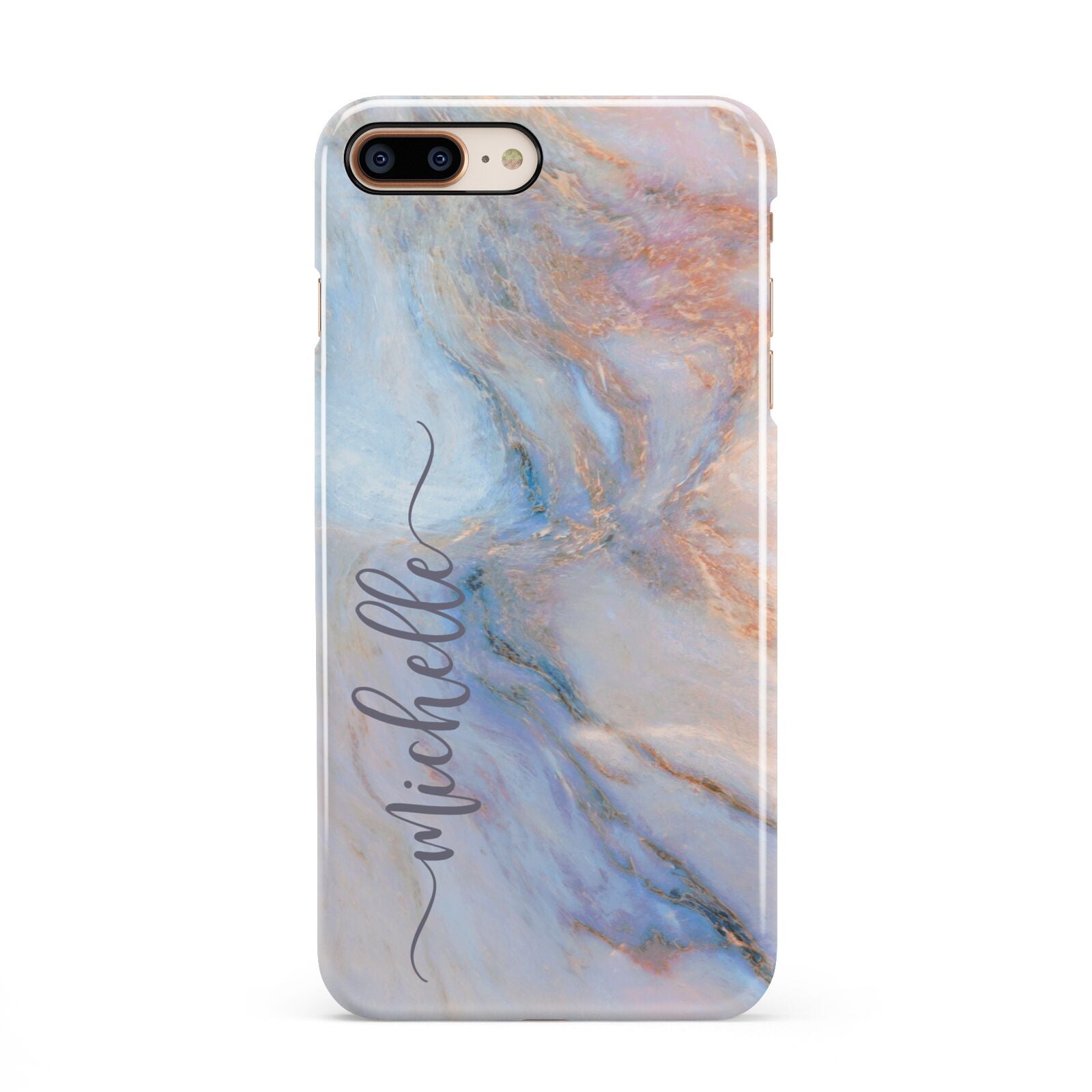 Pale Blue And Pink Marble iPhone 8 Plus 3D Snap Case on Gold Phone