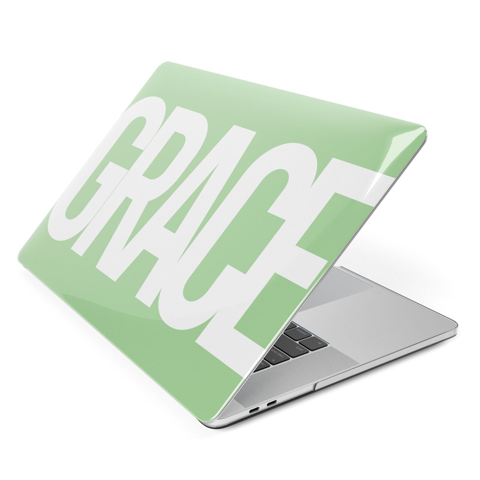 Pale Green with Bold White Text Apple MacBook Case Side View