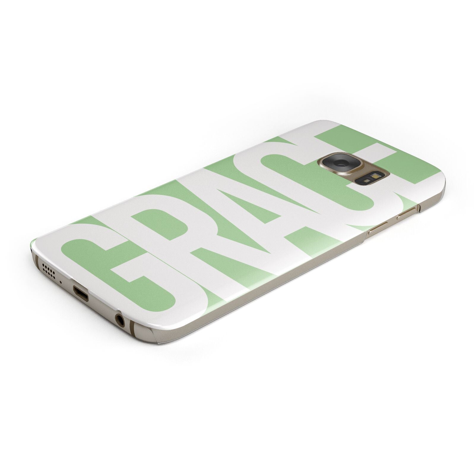 Pale Green with Bold White Text Protective Samsung Galaxy Case Angled Image