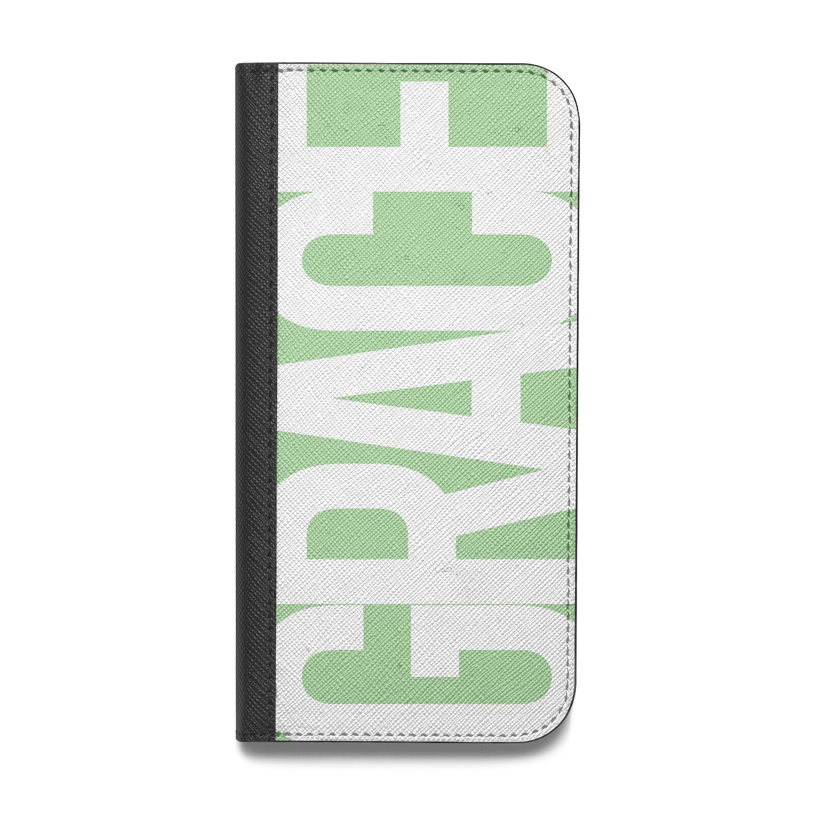 Pale Green with Bold White Text Vegan Leather Flip iPhone Case