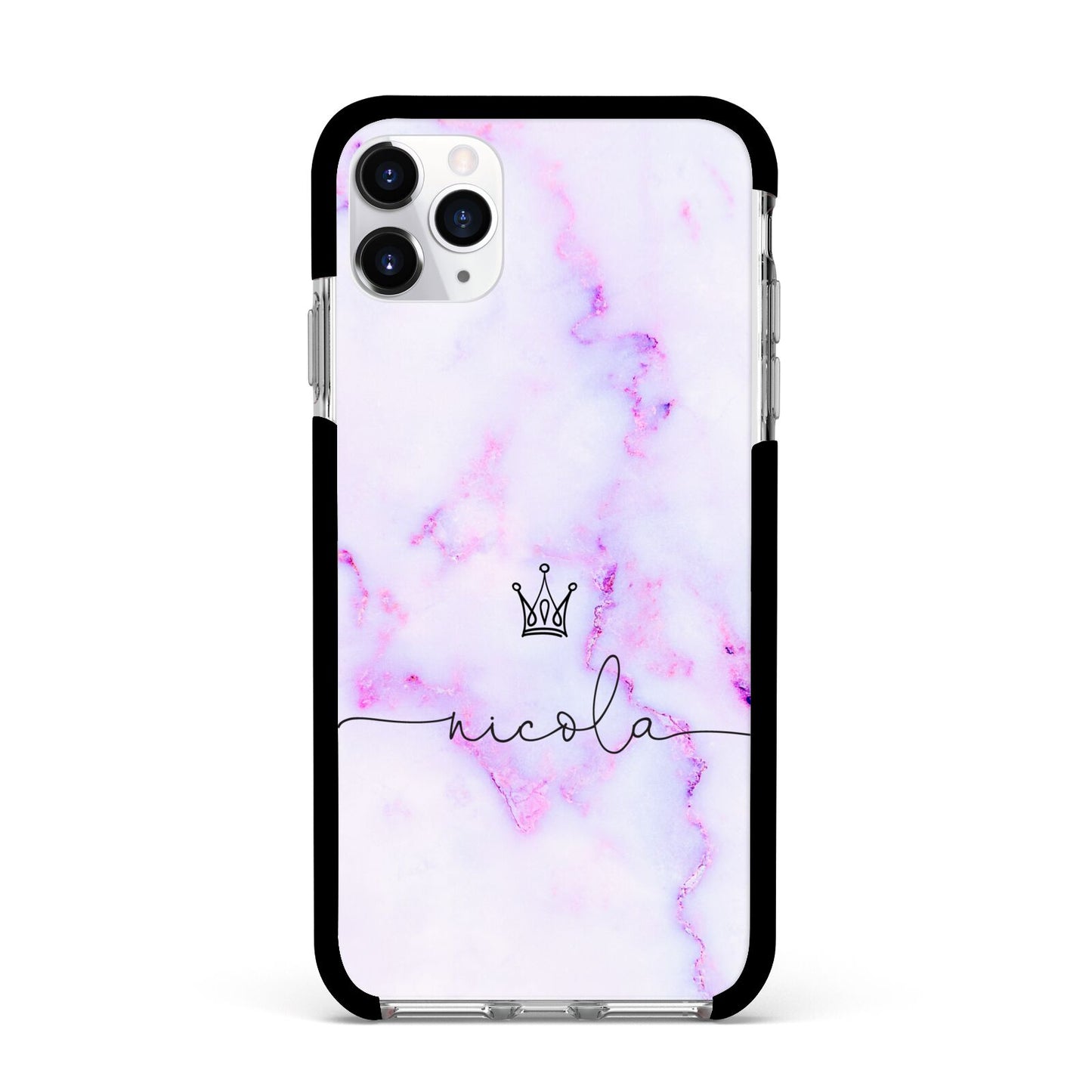 Pale Purple Glitter Marble with Crowned Name Apple iPhone 11 Pro Max in Silver with Black Impact Case