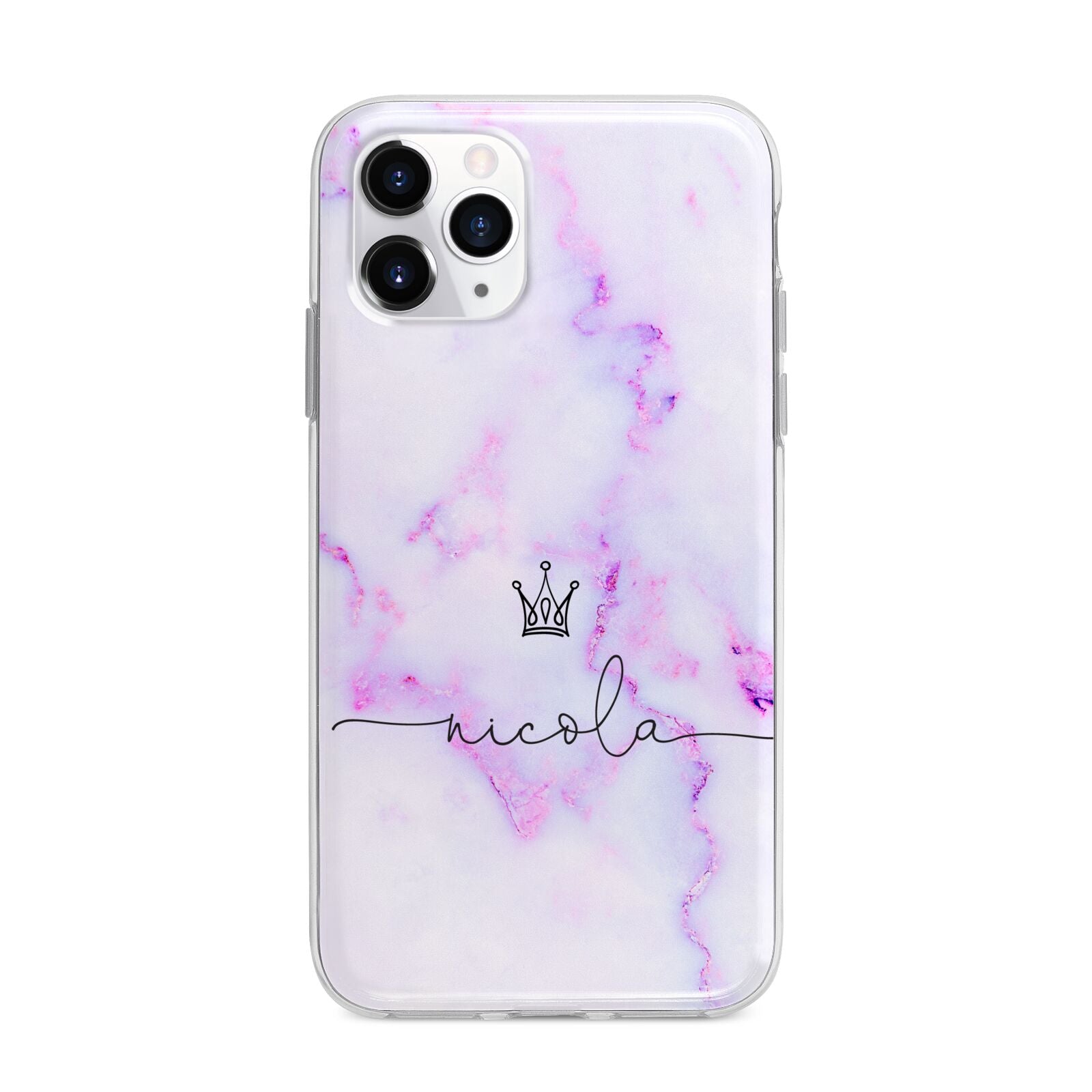 Pale Purple Glitter Marble with Crowned Name Apple iPhone 11 Pro Max in Silver with Bumper Case
