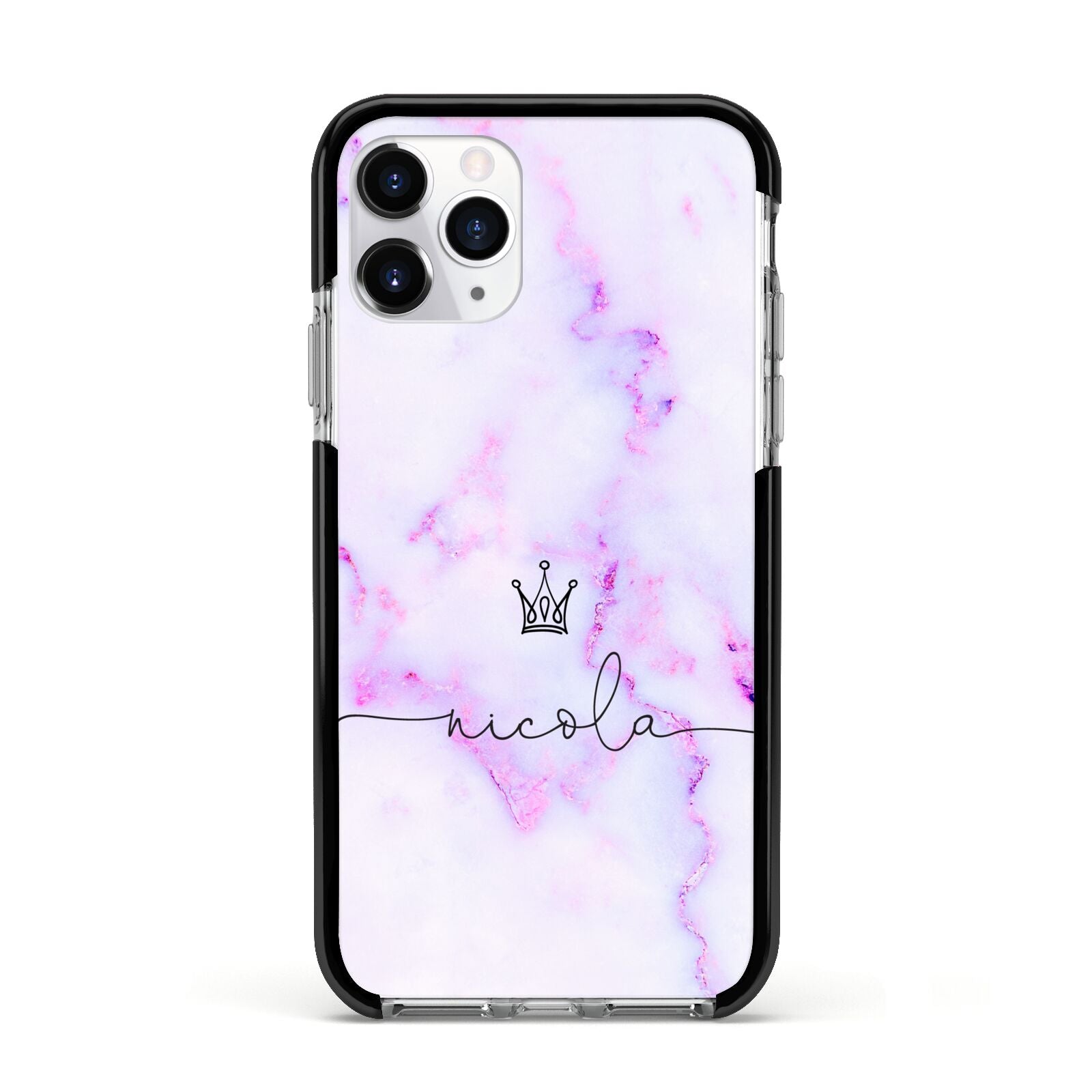 Pale Purple Glitter Marble with Crowned Name Apple iPhone 11 Pro in Silver with Black Impact Case
