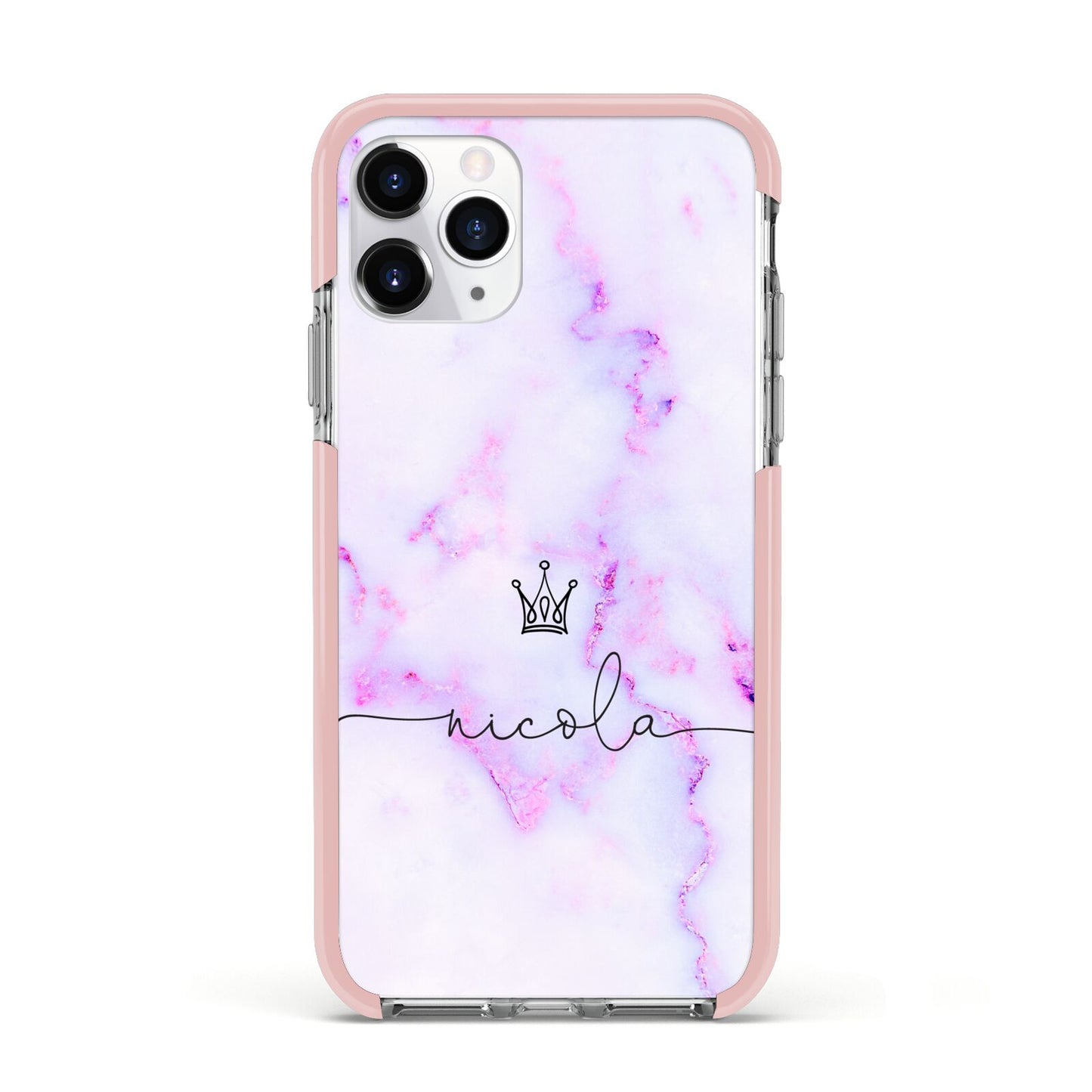 Pale Purple Glitter Marble with Crowned Name Apple iPhone 11 Pro in Silver with Pink Impact Case