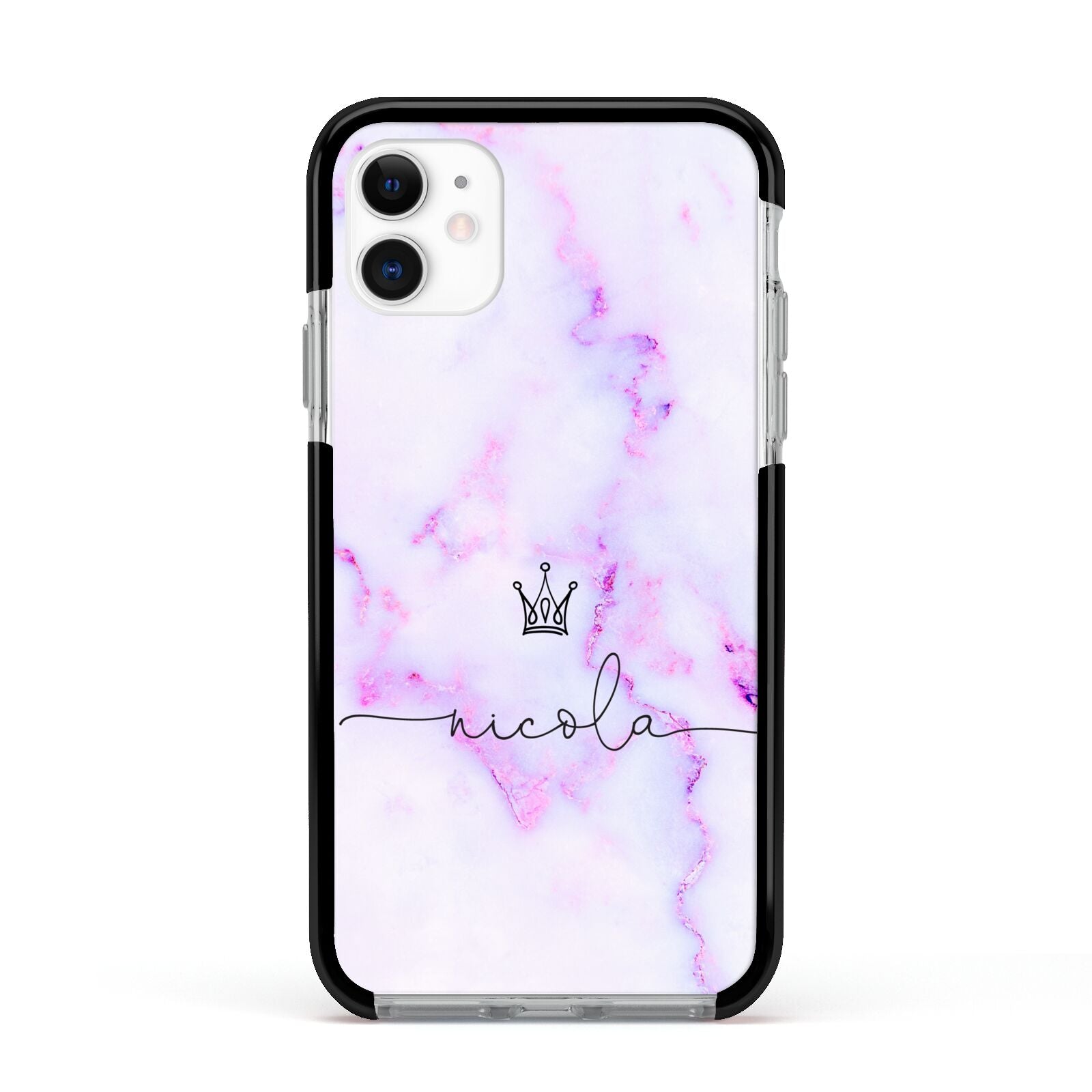 Pale Purple Glitter Marble with Crowned Name Apple iPhone 11 in White with Black Impact Case