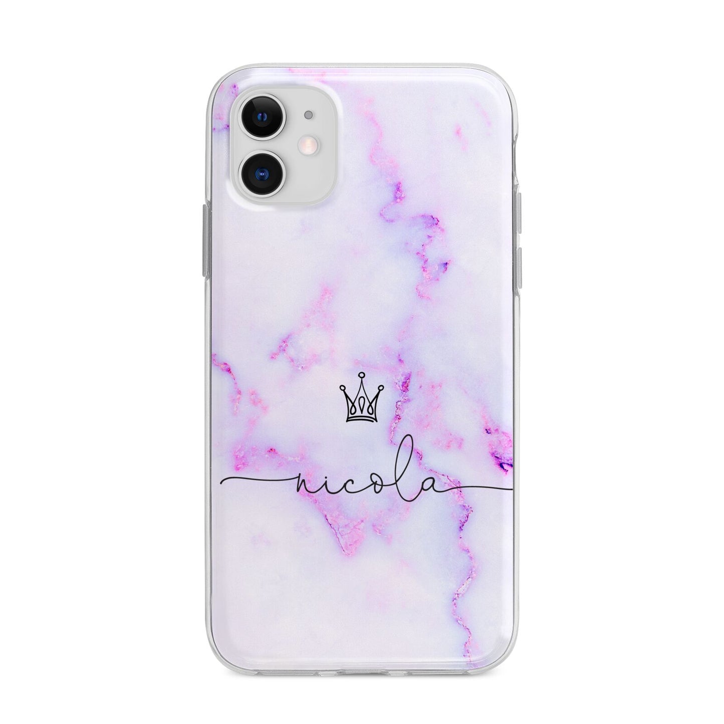 Pale Purple Glitter Marble with Crowned Name Apple iPhone 11 in White with Bumper Case