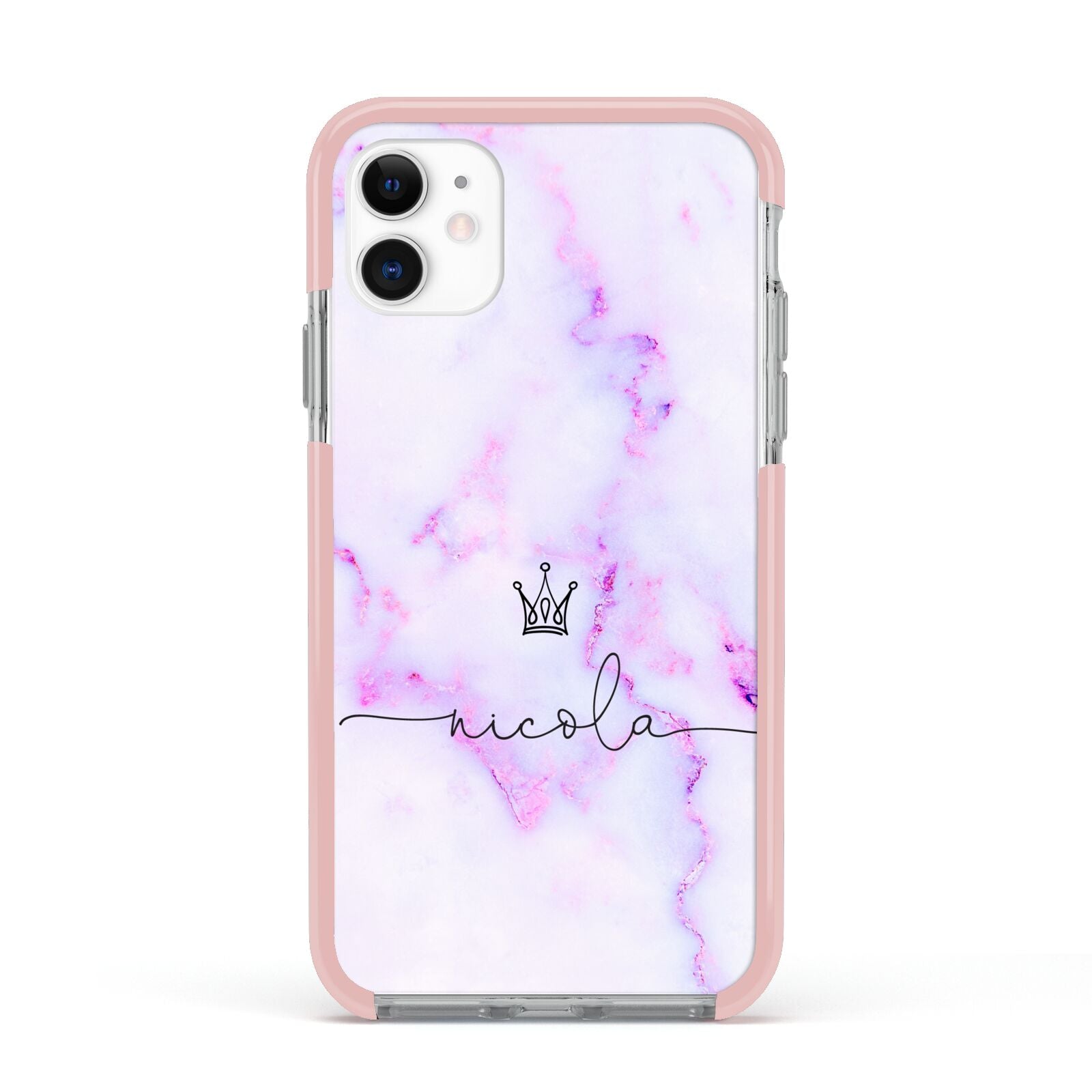 Pale Purple Glitter Marble with Crowned Name Apple iPhone 11 in White with Pink Impact Case