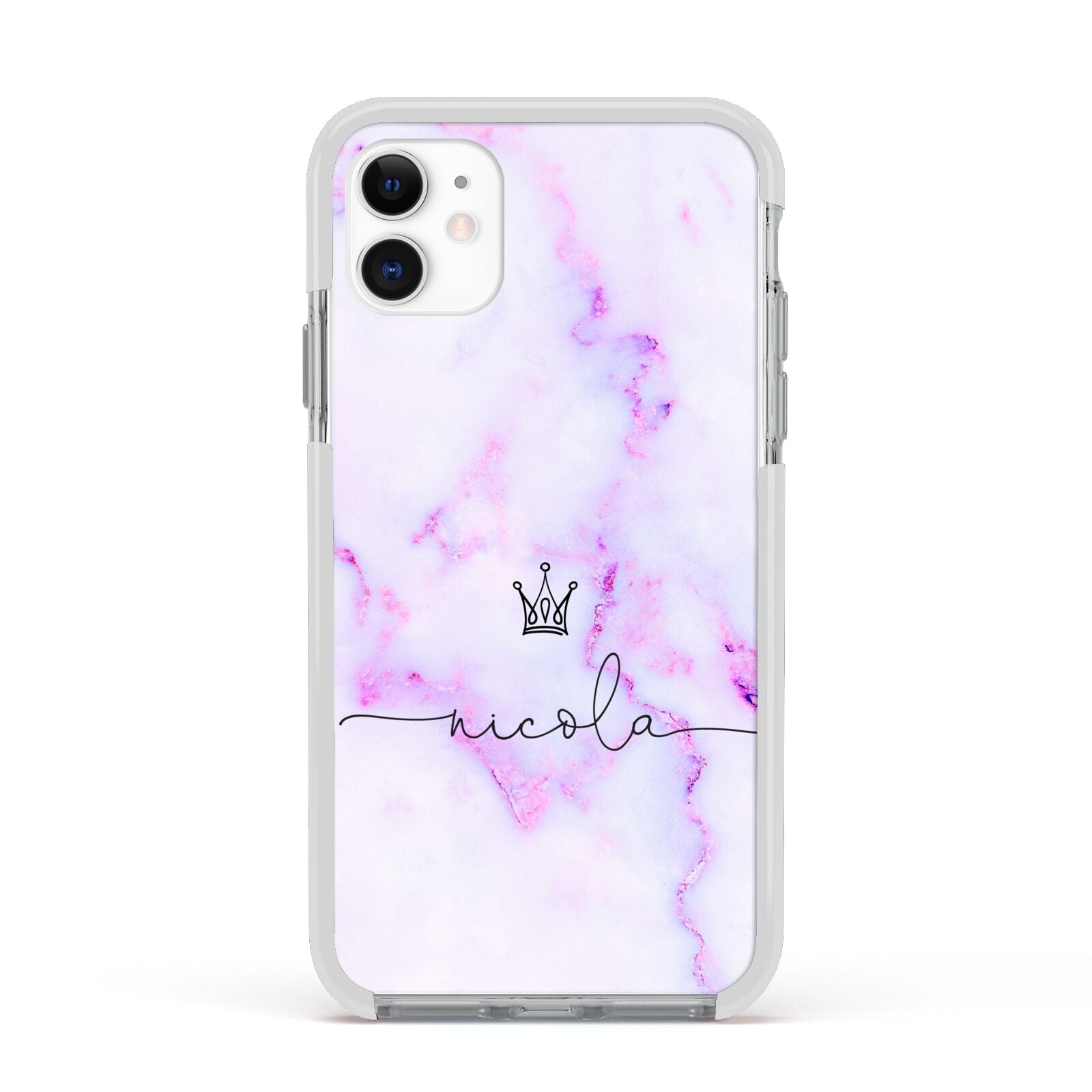 Pale Purple Glitter Marble with Crowned Name Apple iPhone 11 in White with White Impact Case