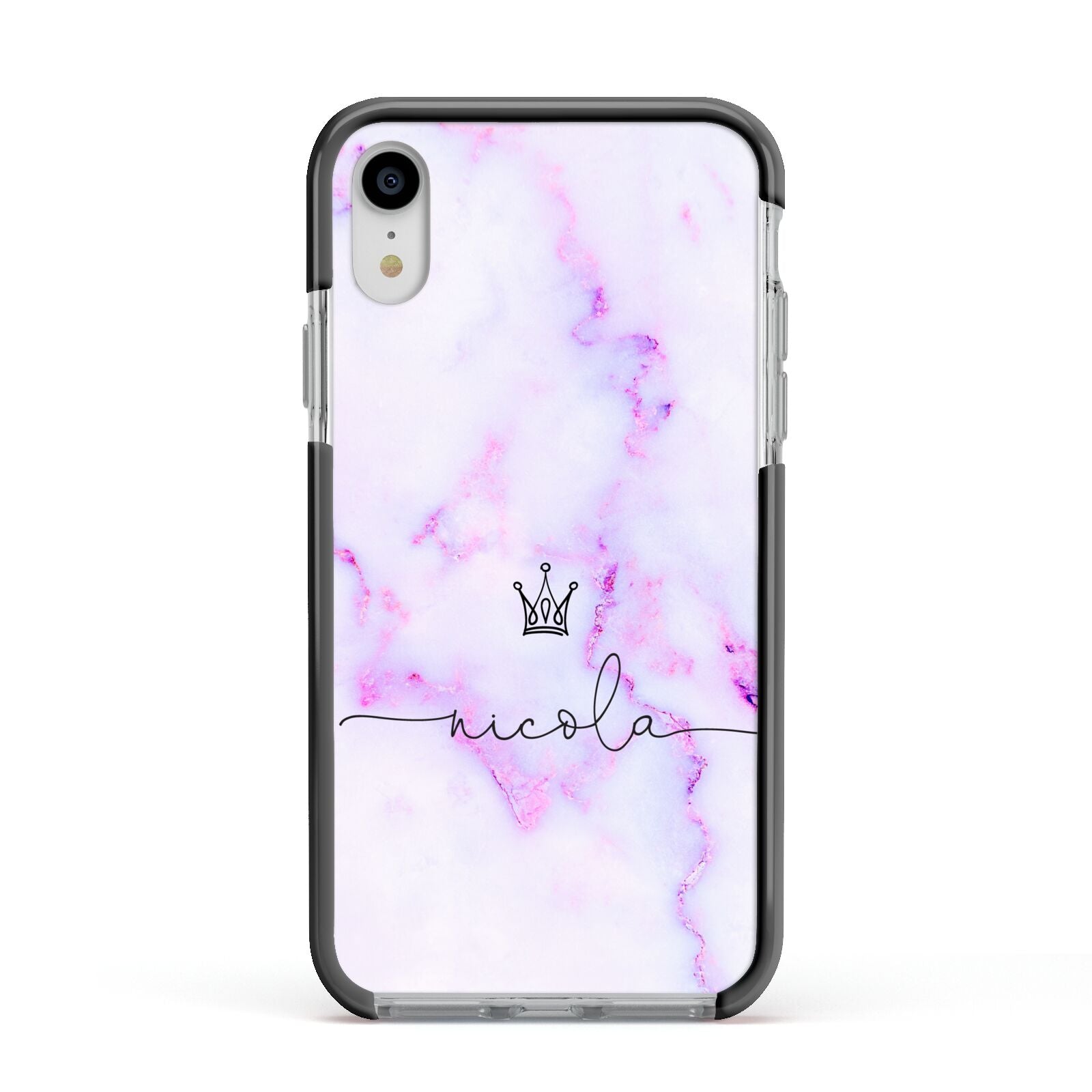 Pale Purple Glitter Marble with Crowned Name Apple iPhone XR Impact Case Black Edge on Silver Phone