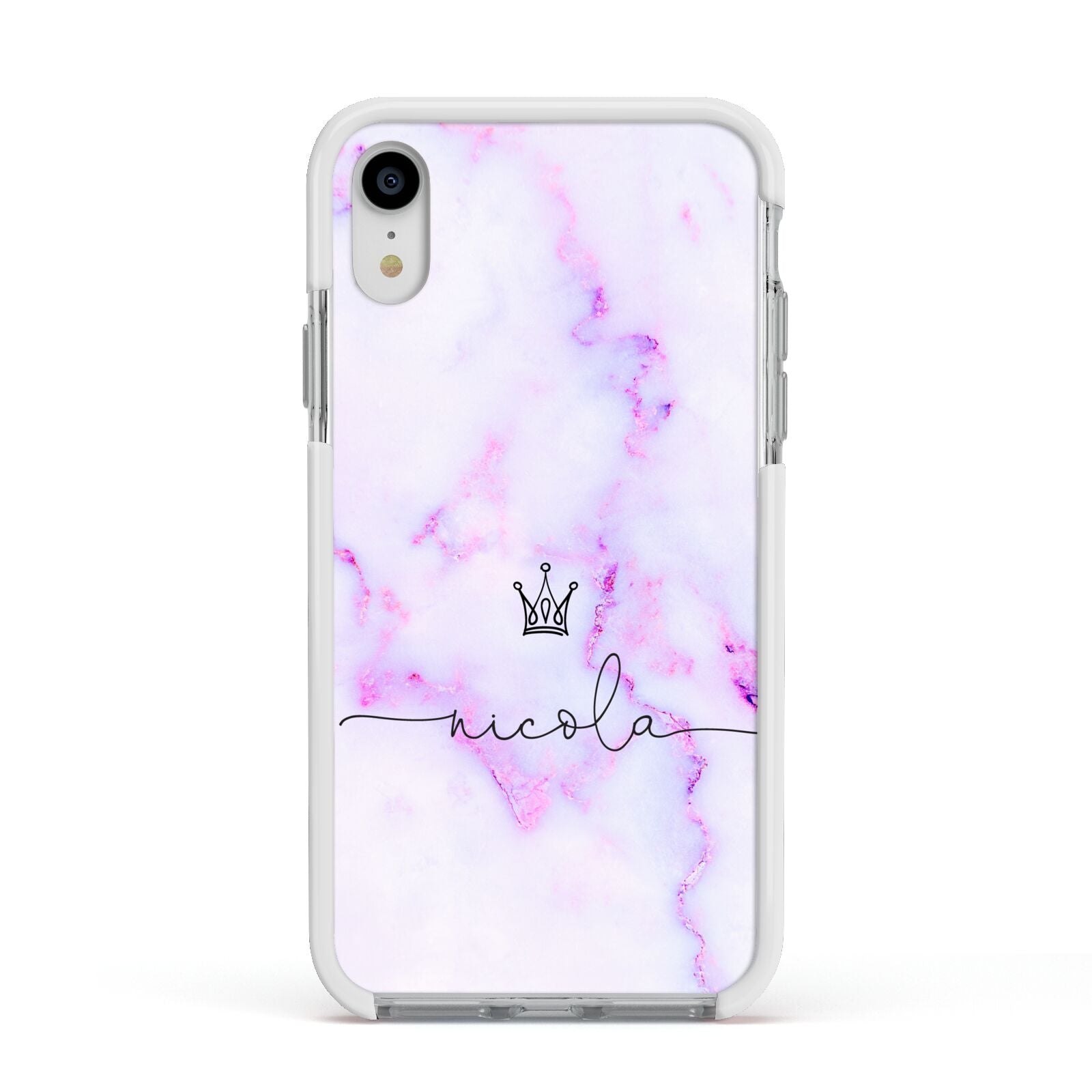 Pale Purple Glitter Marble with Crowned Name Apple iPhone XR Impact Case White Edge on Silver Phone