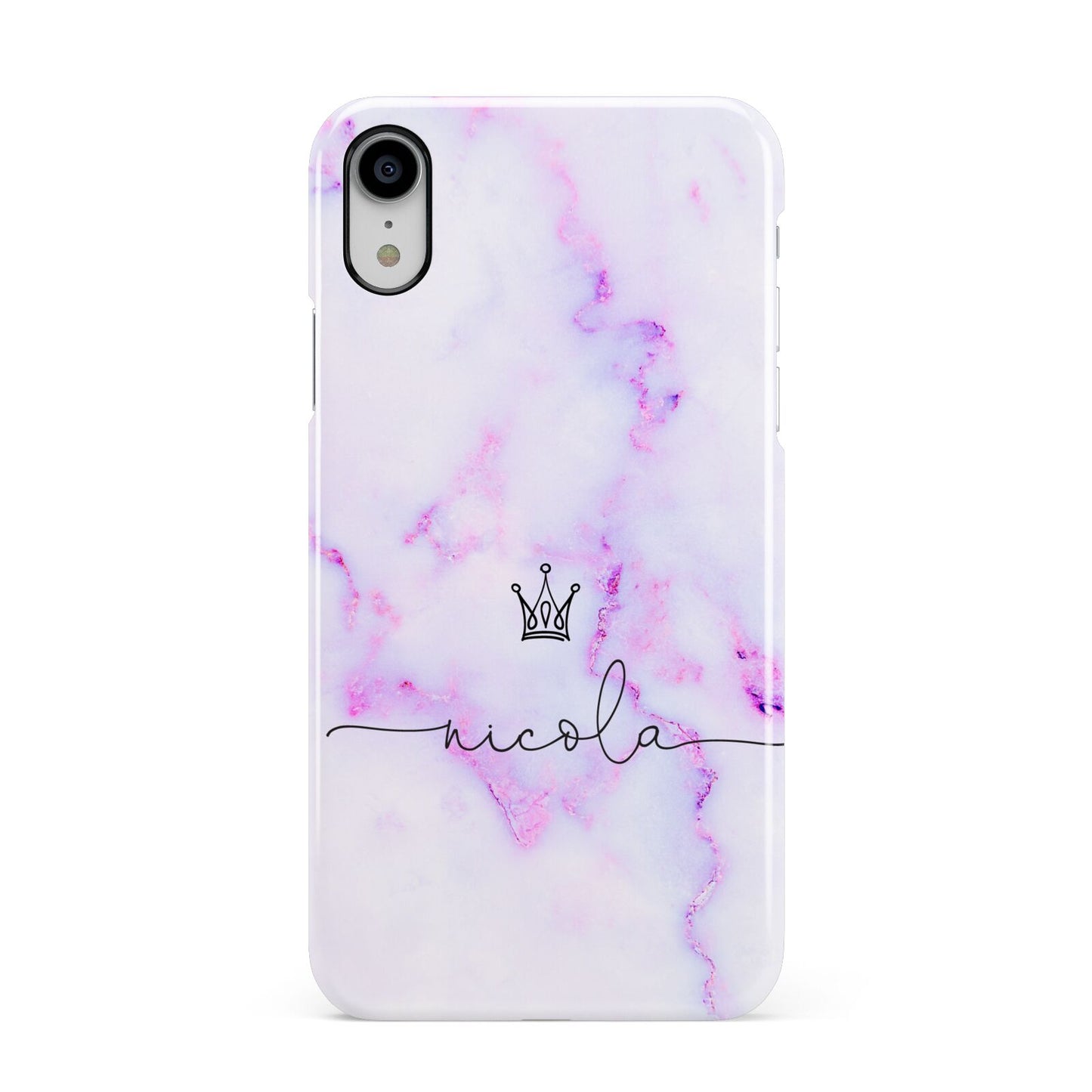 Pale Purple Glitter Marble with Crowned Name Apple iPhone XR White 3D Snap Case