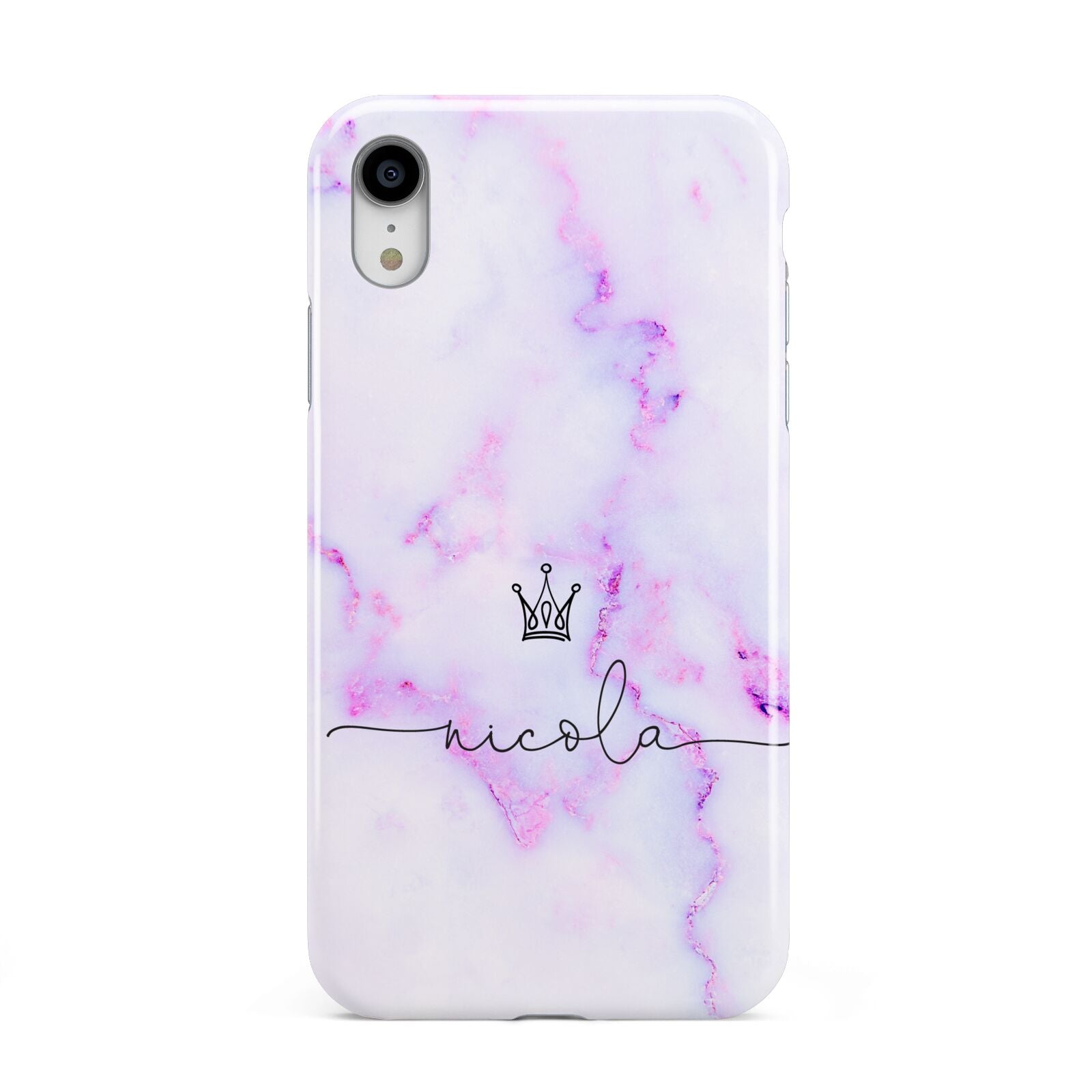 Pale Purple Glitter Marble with Crowned Name Apple iPhone XR White 3D Tough Case