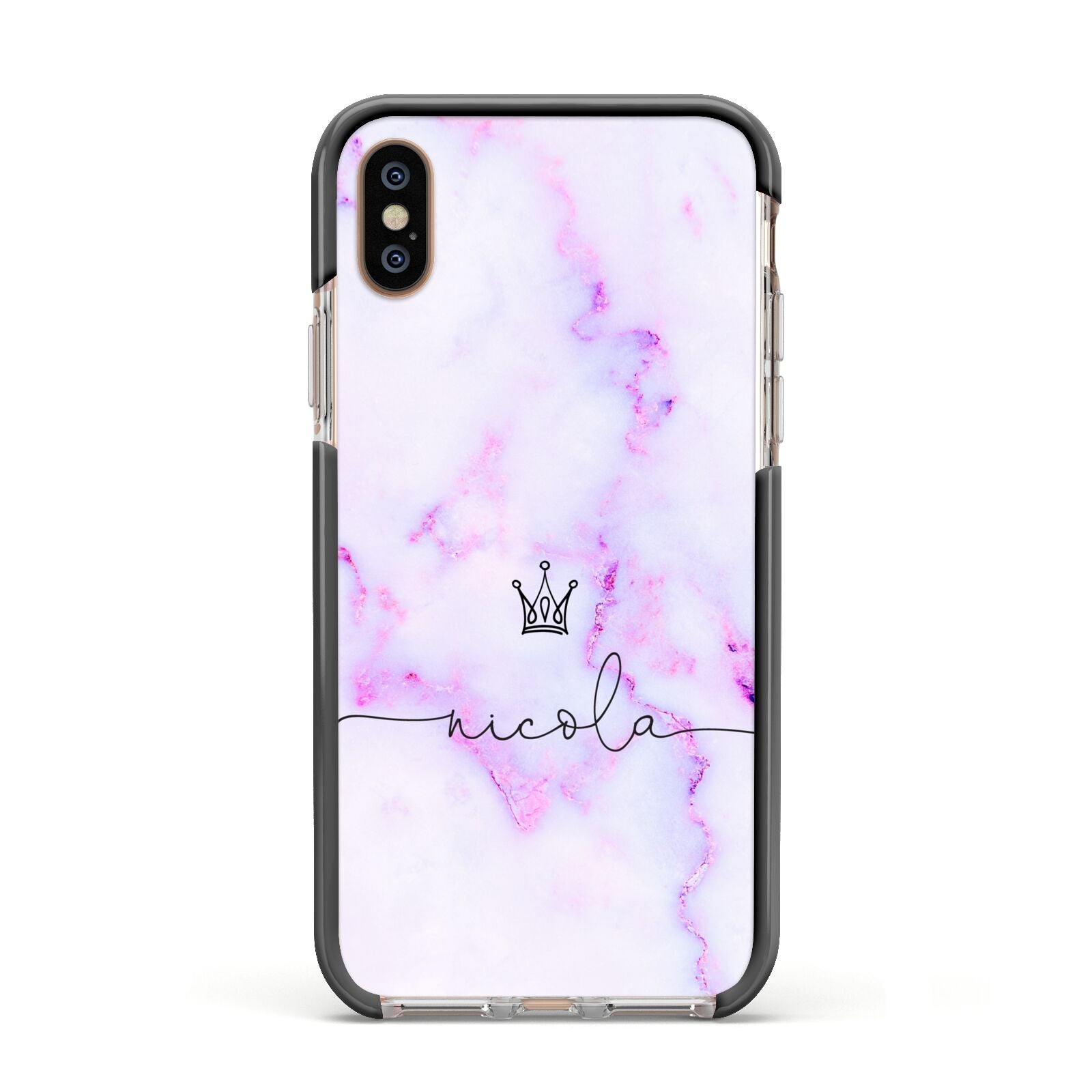 Pale Purple Glitter Marble with Crowned Name Apple iPhone Xs Impact Case Black Edge on Gold Phone