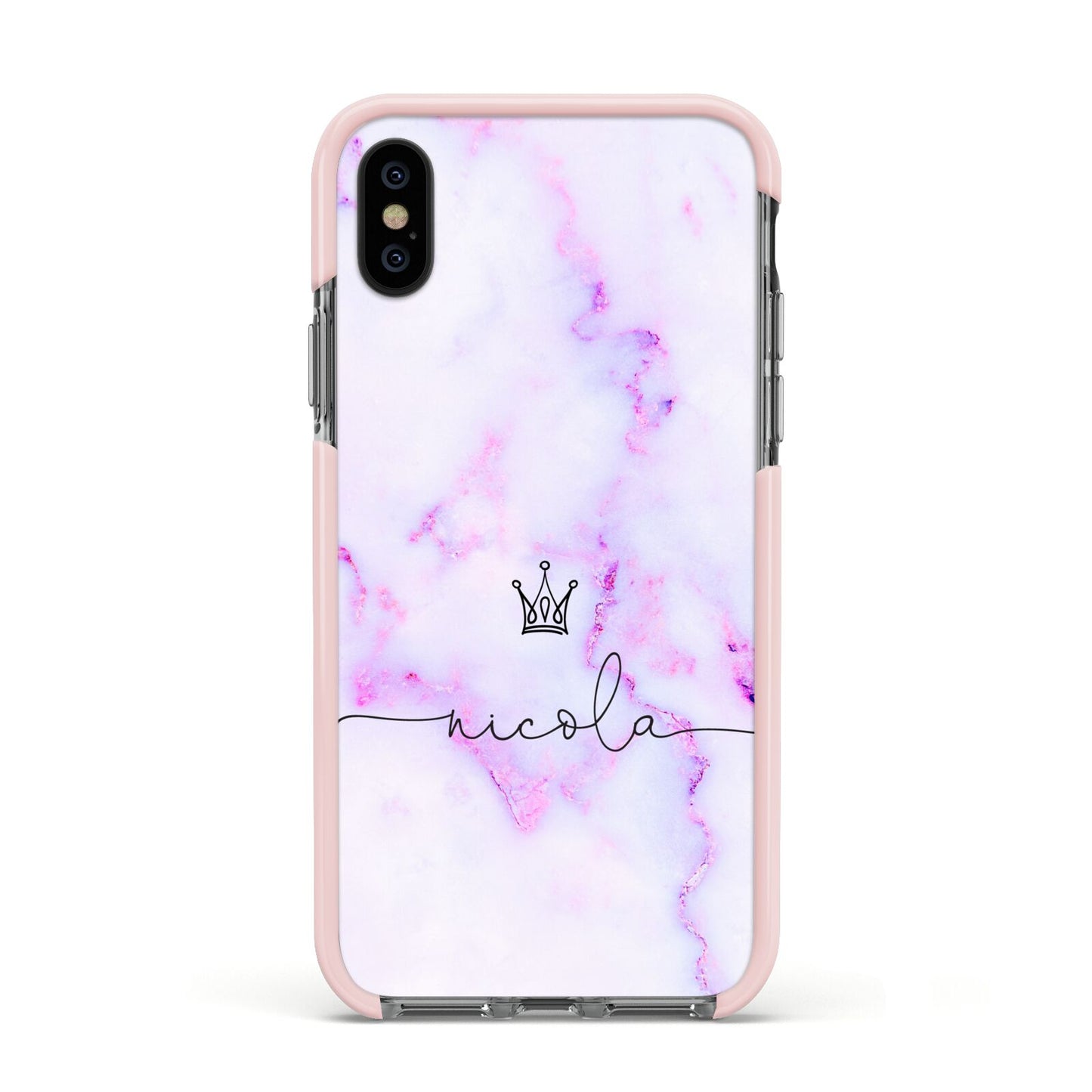 Pale Purple Glitter Marble with Crowned Name Apple iPhone Xs Impact Case Pink Edge on Black Phone