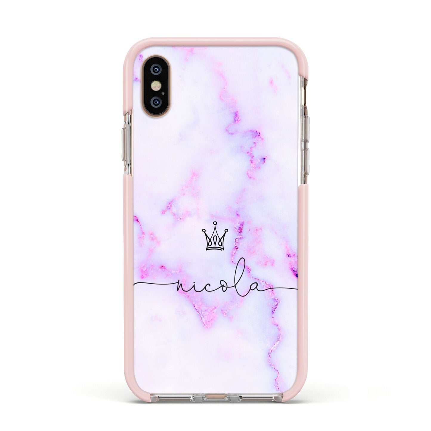 Pale Purple Glitter Marble with Crowned Name Apple iPhone Xs Impact Case Pink Edge on Gold Phone