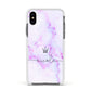 Pale Purple Glitter Marble with Crowned Name Apple iPhone Xs Impact Case White Edge on Black Phone