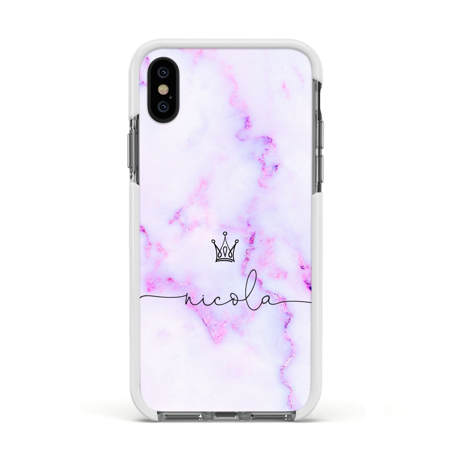 Pale Purple Glitter Marble with Crowned Name Apple iPhone Xs Impact Case White Edge on Black Phone