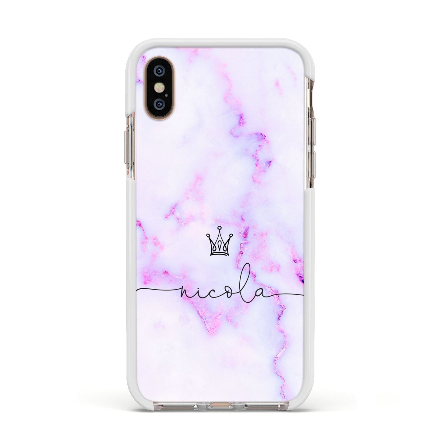 Pale Purple Glitter Marble with Crowned Name Apple iPhone Xs Impact Case White Edge on Gold Phone