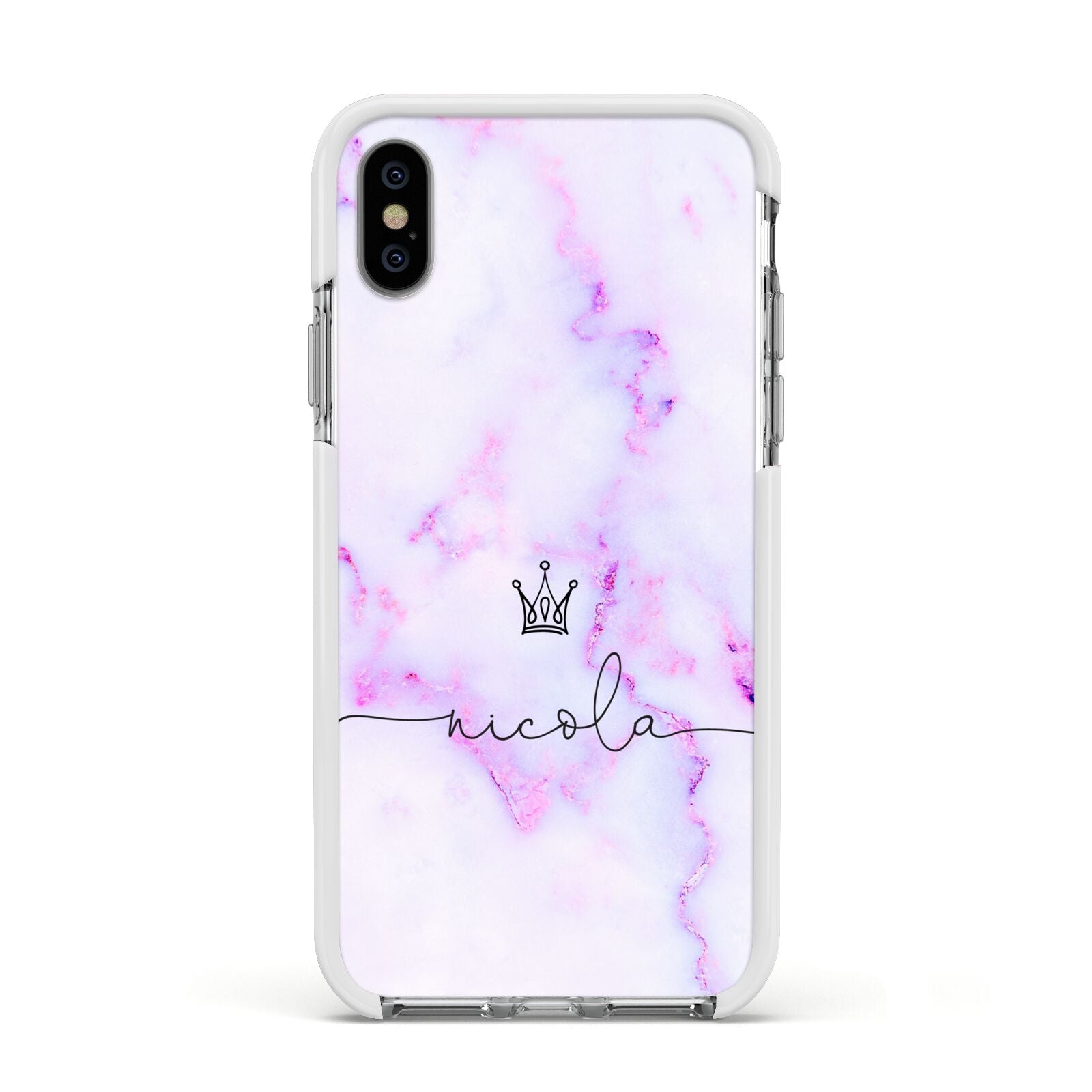 Pale Purple Glitter Marble with Crowned Name Apple iPhone Xs Impact Case White Edge on Silver Phone