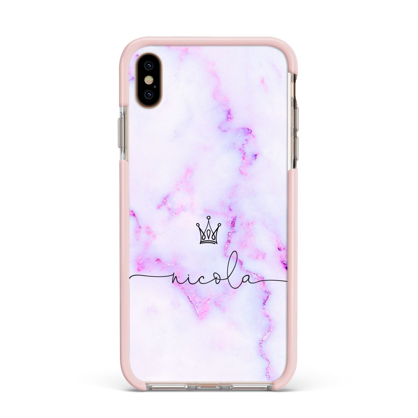 Pale Purple Glitter Marble with Crowned Name Apple iPhone Xs Max Impact Case Pink Edge on Gold Phone