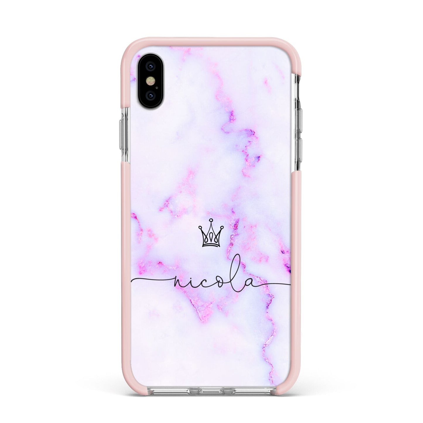 Pale Purple Glitter Marble with Crowned Name Apple iPhone Xs Max Impact Case Pink Edge on Silver Phone