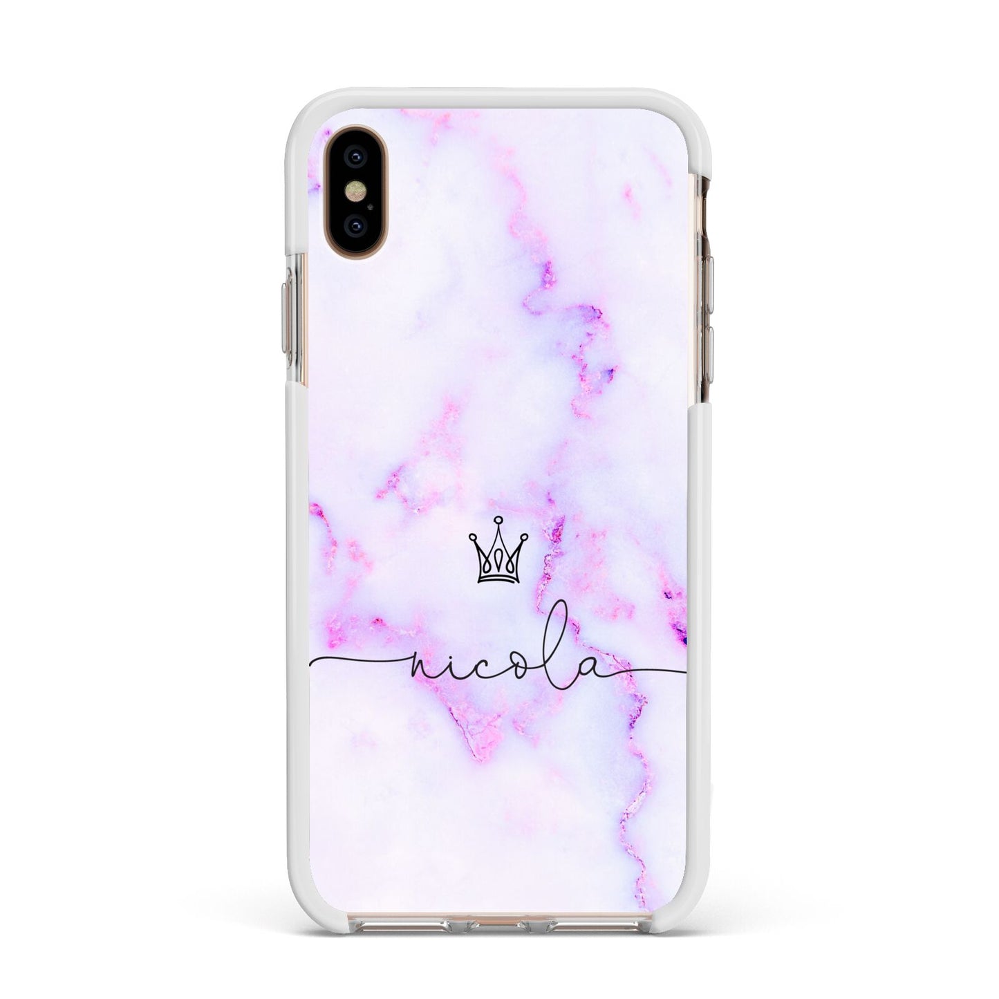 Pale Purple Glitter Marble with Crowned Name Apple iPhone Xs Max Impact Case White Edge on Gold Phone