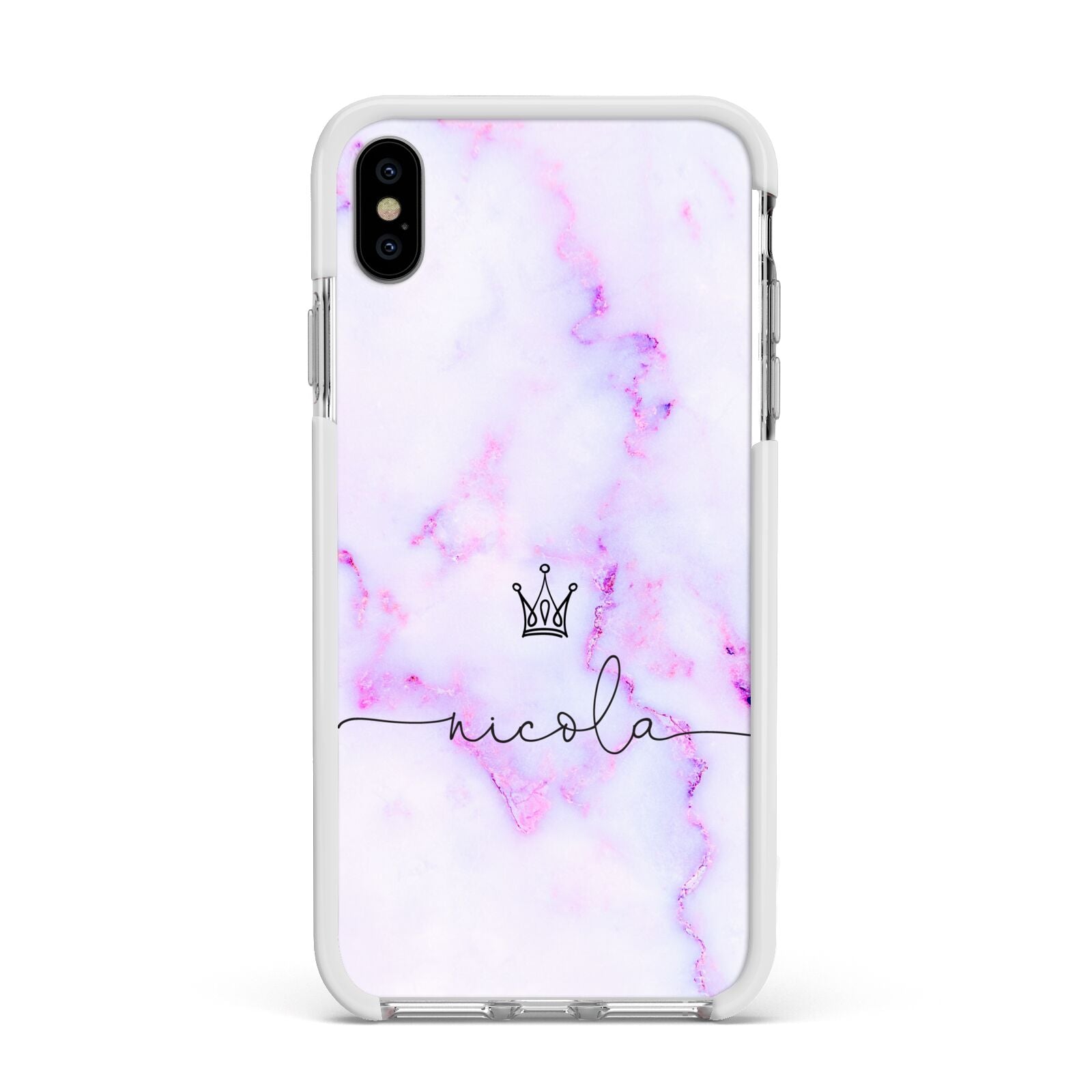 Pale Purple Glitter Marble with Crowned Name Apple iPhone Xs Max Impact Case White Edge on Silver Phone