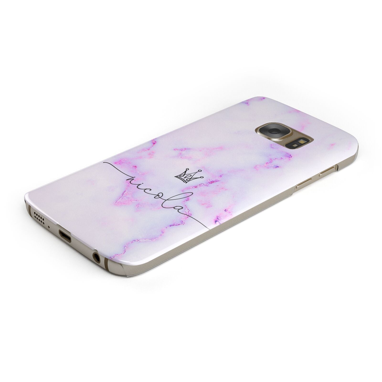 Pale Purple Glitter Marble with Crowned Name Protective Samsung Galaxy Case Angled Image