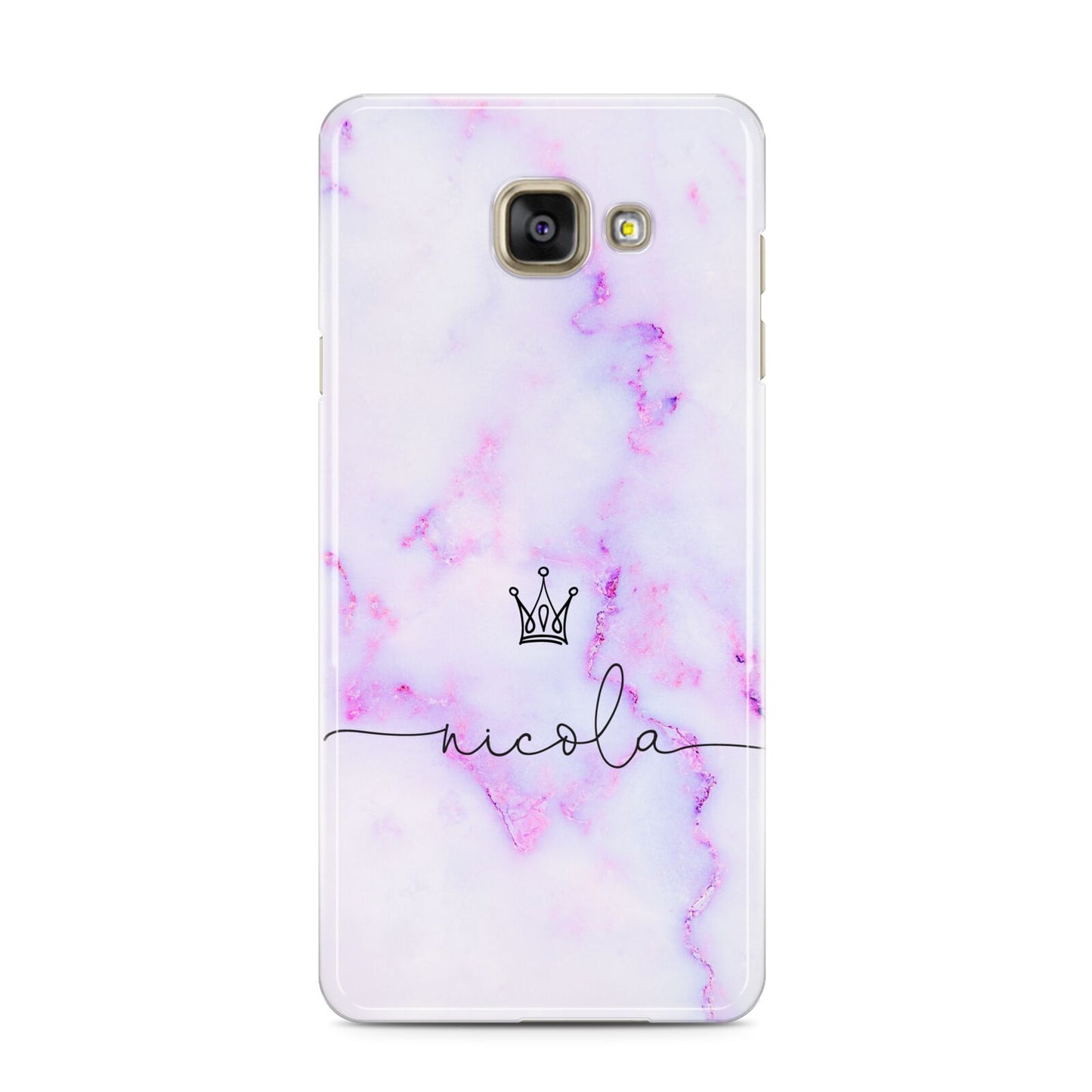 Pale Purple Glitter Marble with Crowned Name Samsung Galaxy A3 2016 Case on gold phone