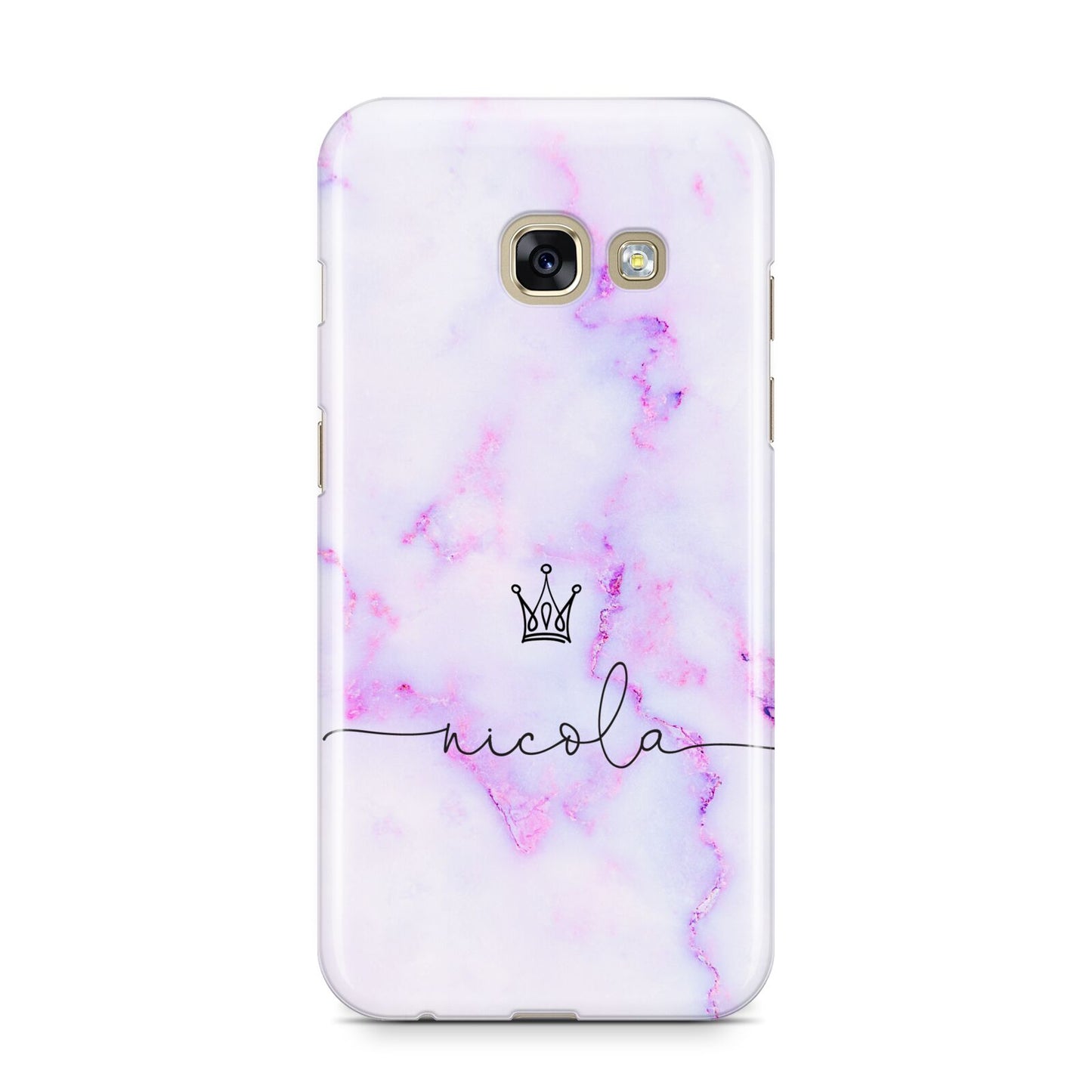 Pale Purple Glitter Marble with Crowned Name Samsung Galaxy A3 2017 Case on gold phone