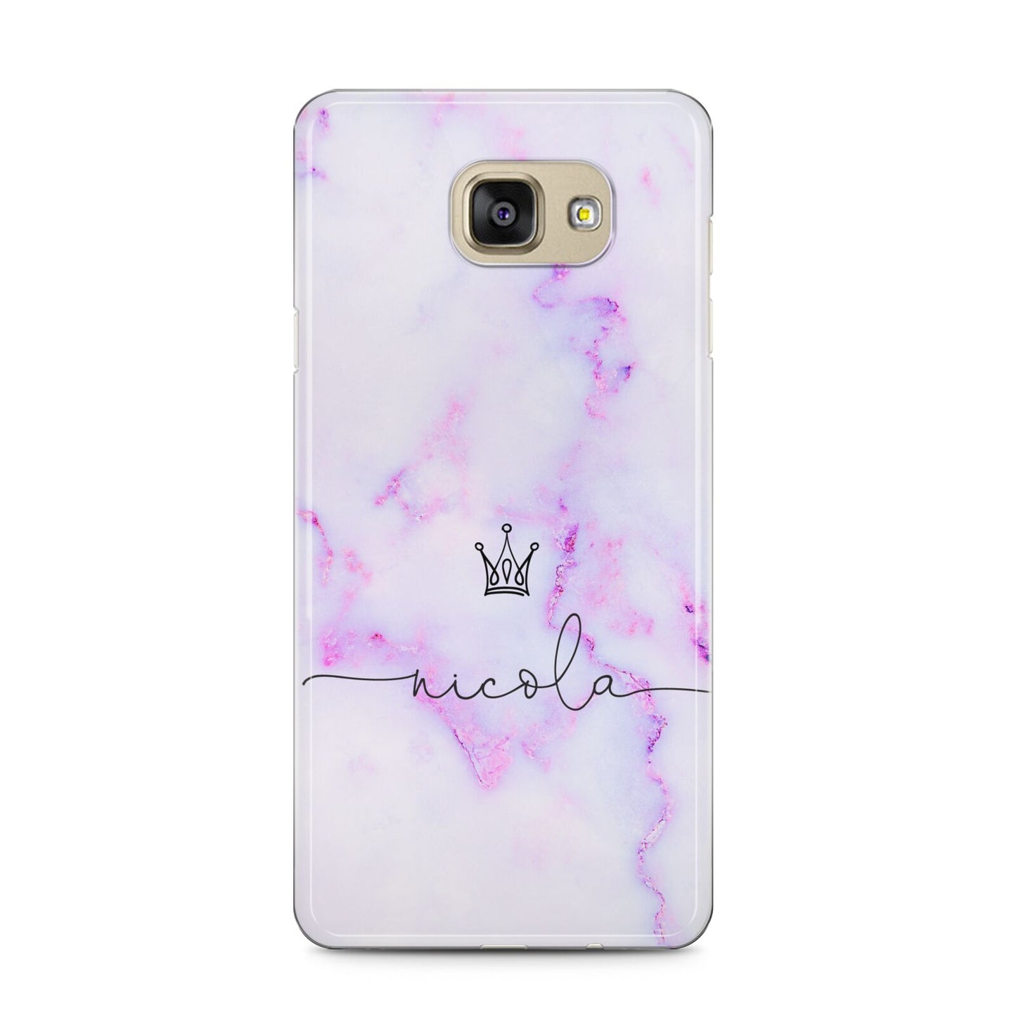 Pale Purple Glitter Marble with Crowned Name Samsung Galaxy A5 2016 Case on gold phone