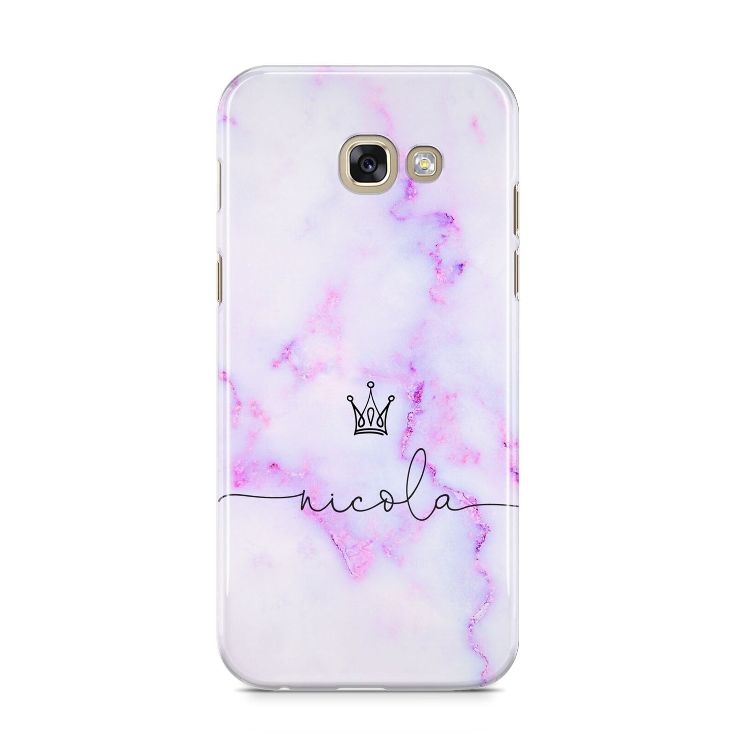 Pale Purple Glitter Marble with Crowned Name Samsung Galaxy A5 2017 Case on gold phone